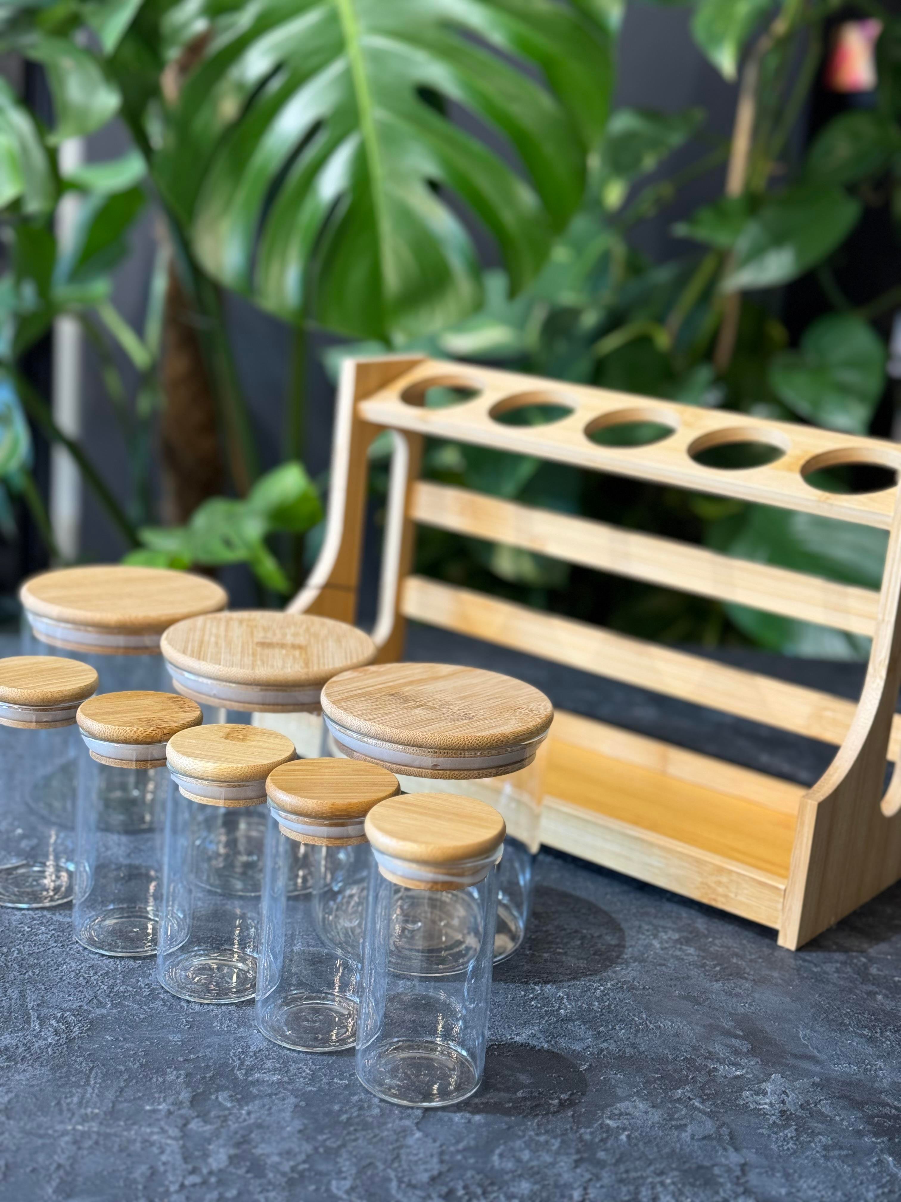 Bambu Stantlı 8 Li Borosilikat Cam Baharatlık Seti