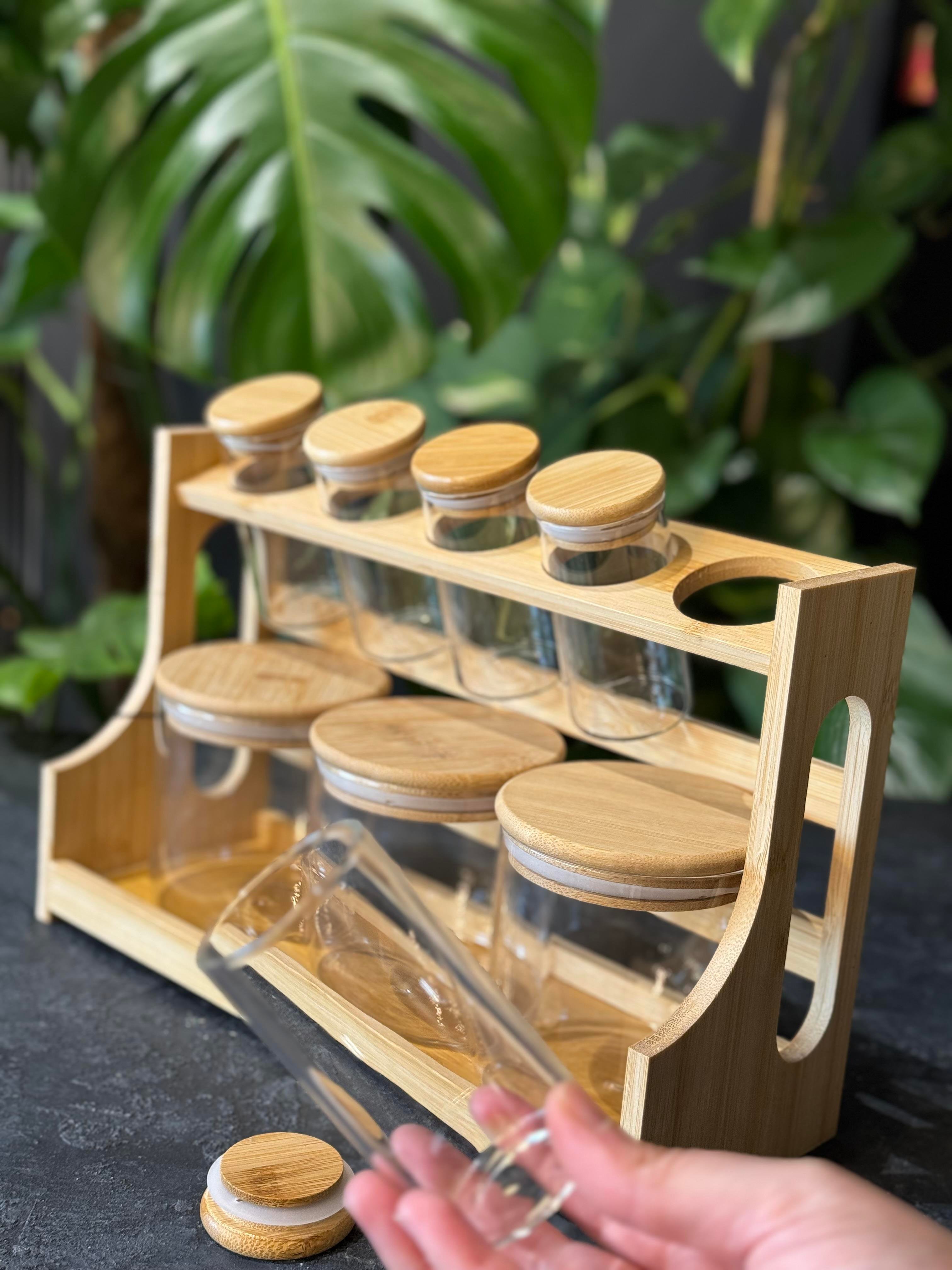Bambu Stantlı 8 Li Borosilikat Cam Baharatlık Seti