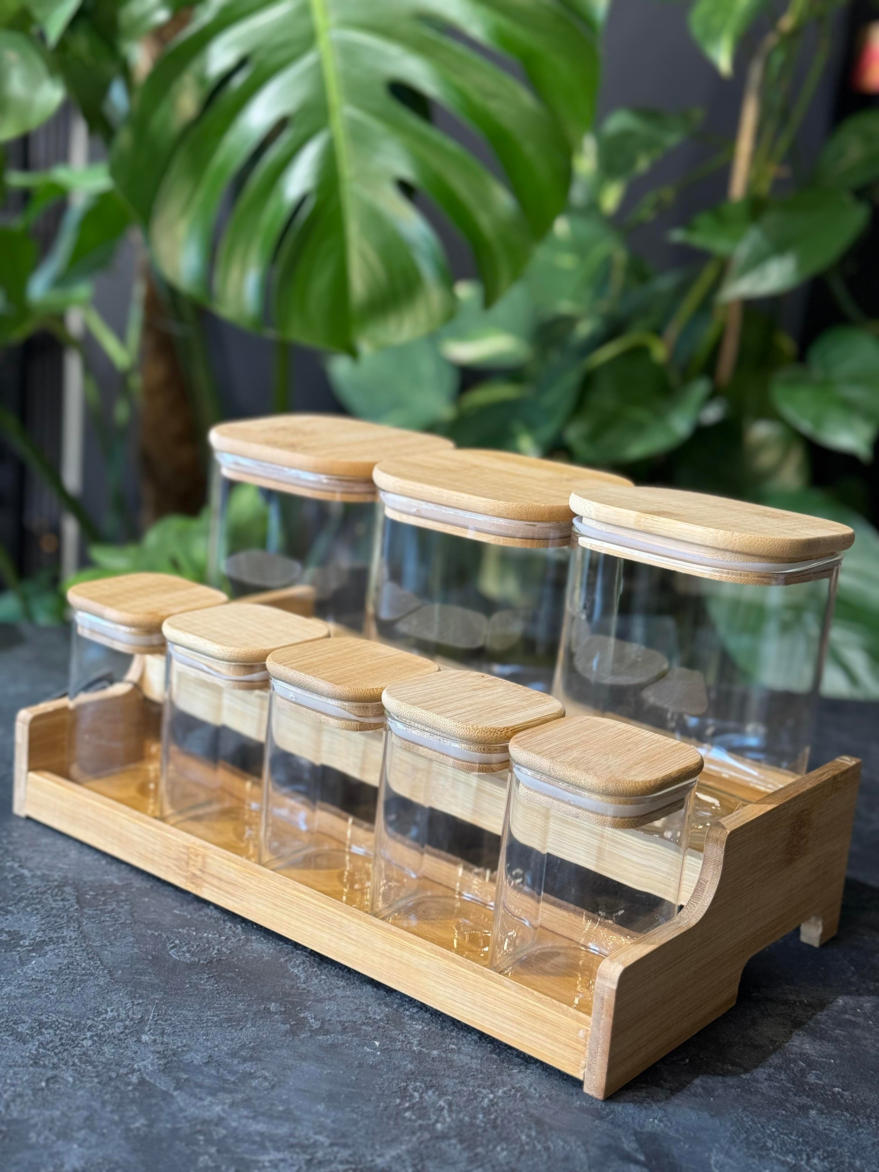 Bambu Stantlı 8 Li Borosilikat Cam Baharatlık Seti