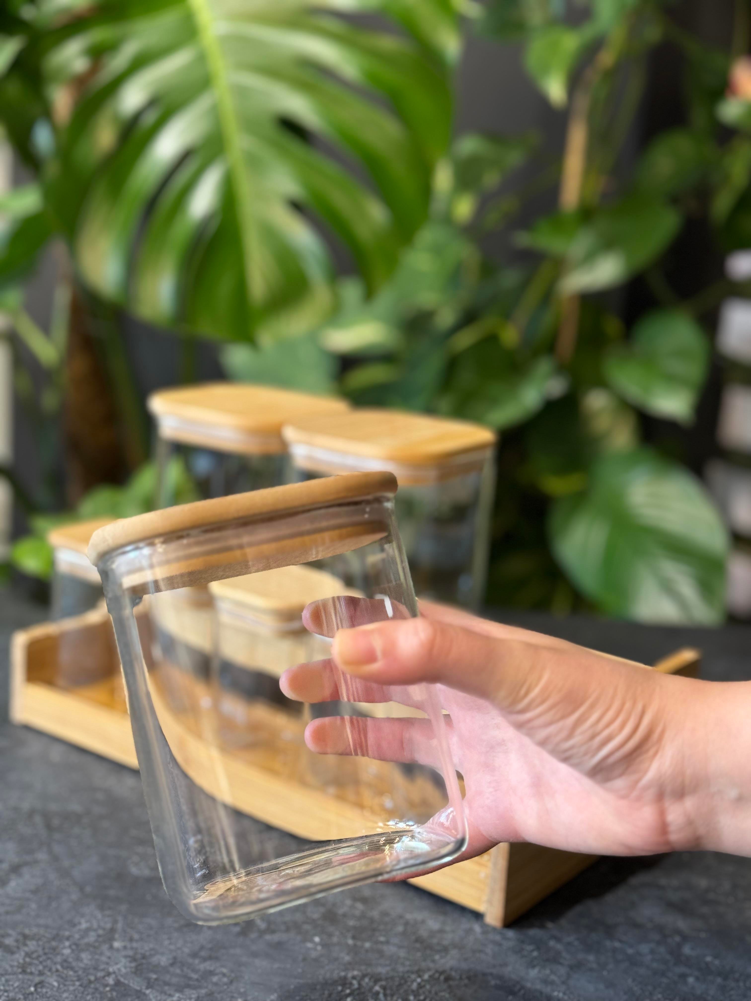 Bambu Stantlı 8 Li Borosilikat Cam Baharatlık Seti