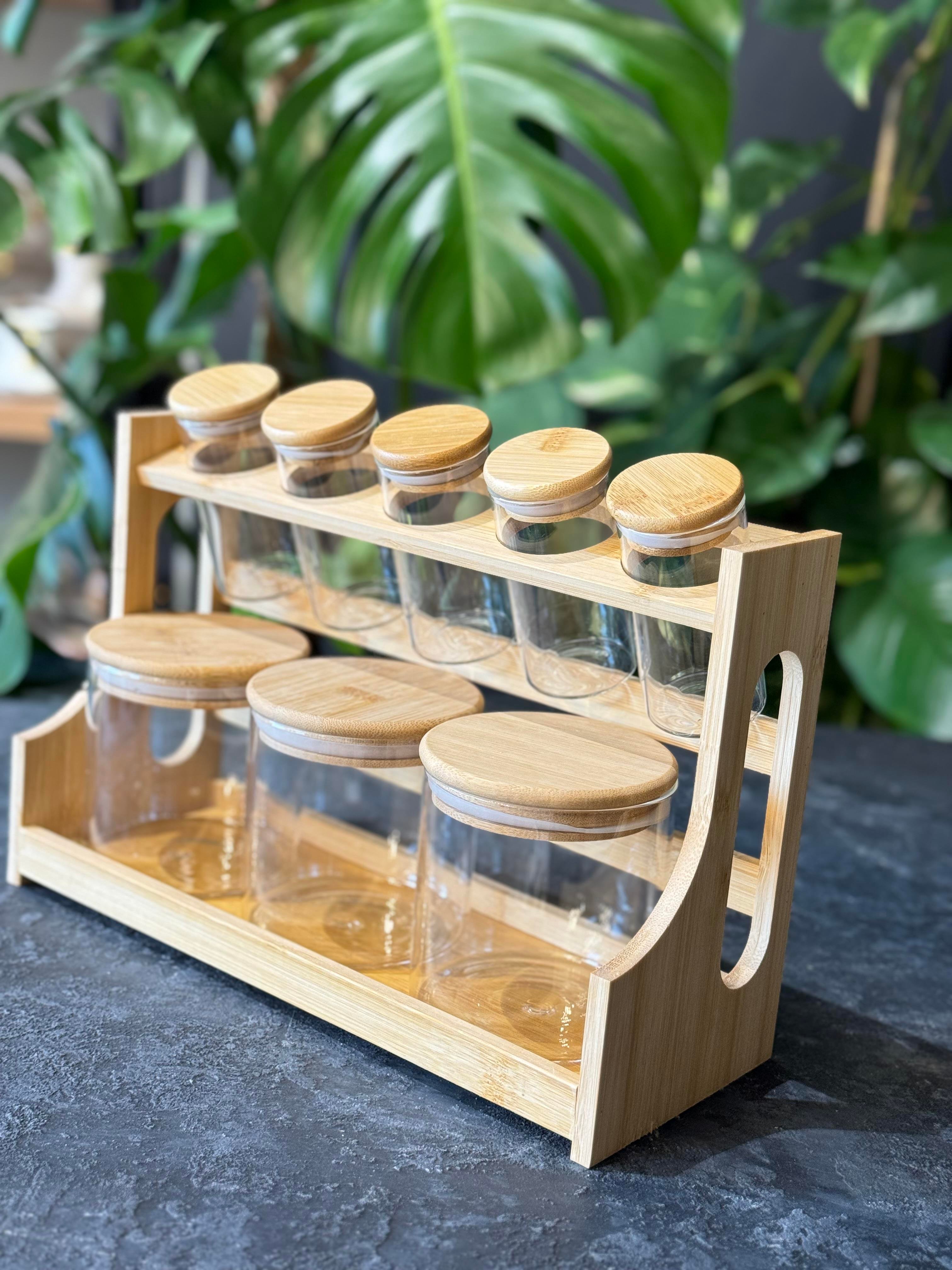 Bambu Stantlı 8 Li Borosilikat Cam Baharatlık Seti