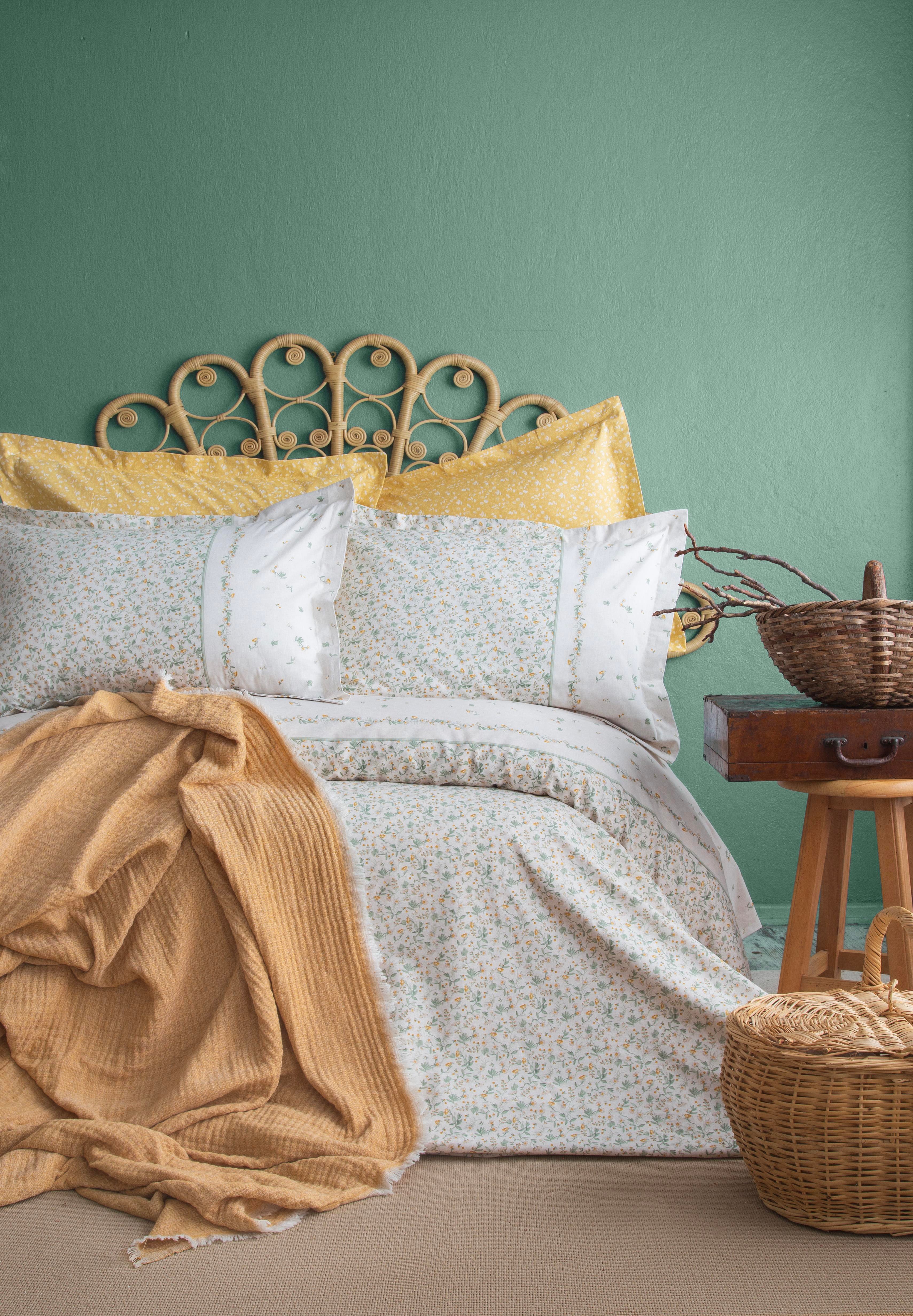 Çift Kişilik Müslin Yatak Örtülü Nevresim Takımı Sage Hardal