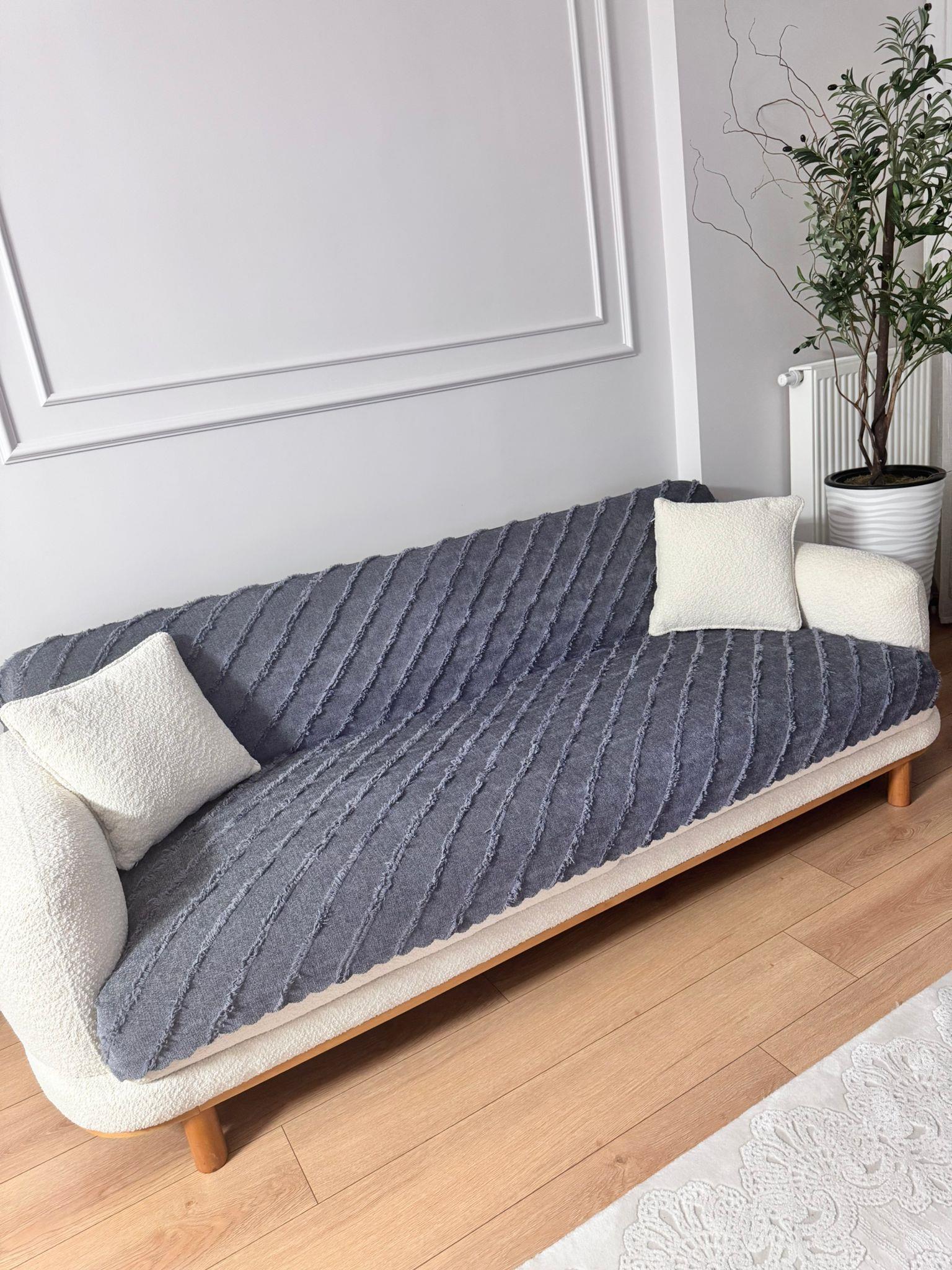 Çizgili Punch Koltuk Örtüsü - Antrasit