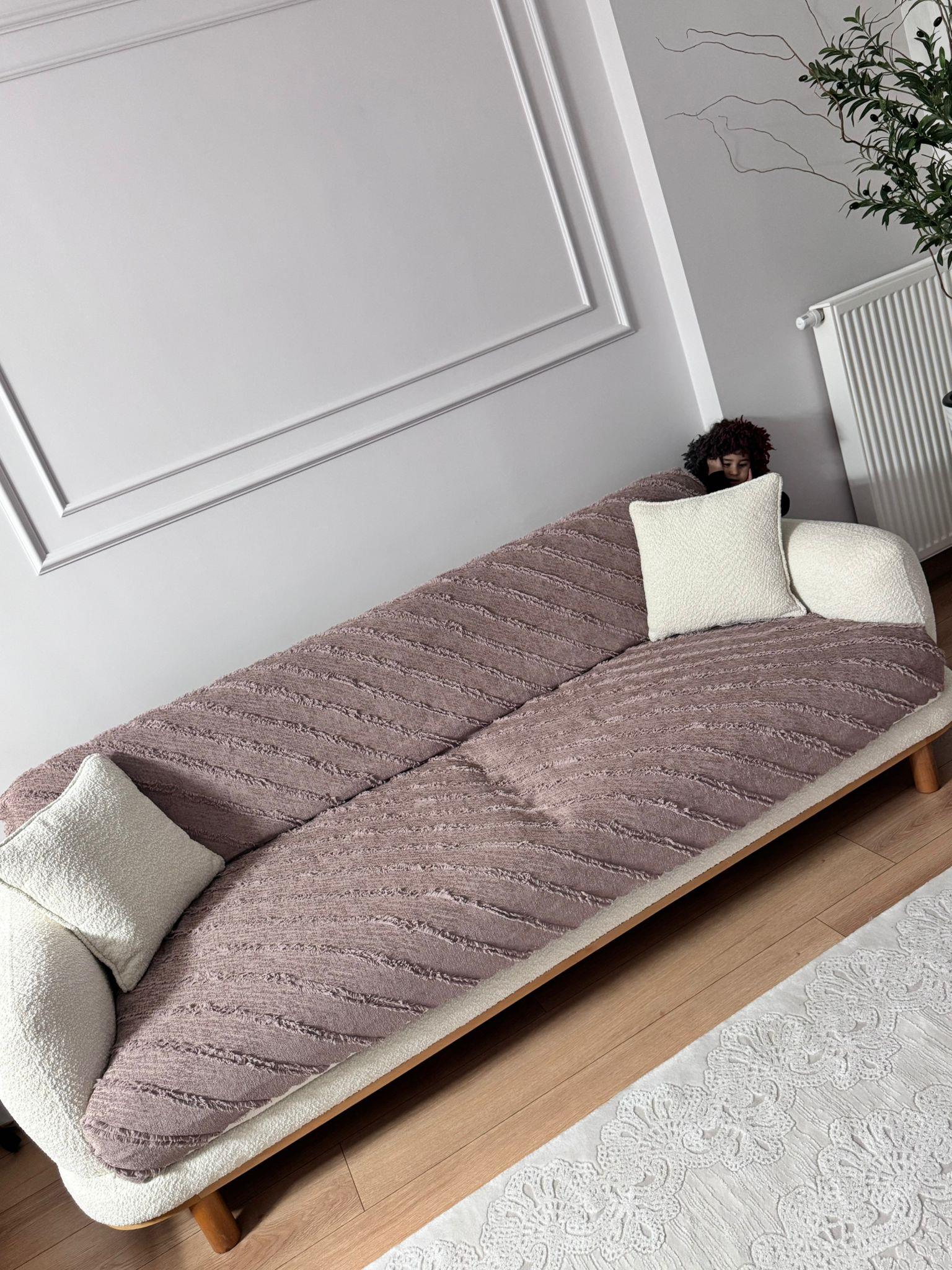 Çizgili Punch Koltuk Örtüsü - Cappucino