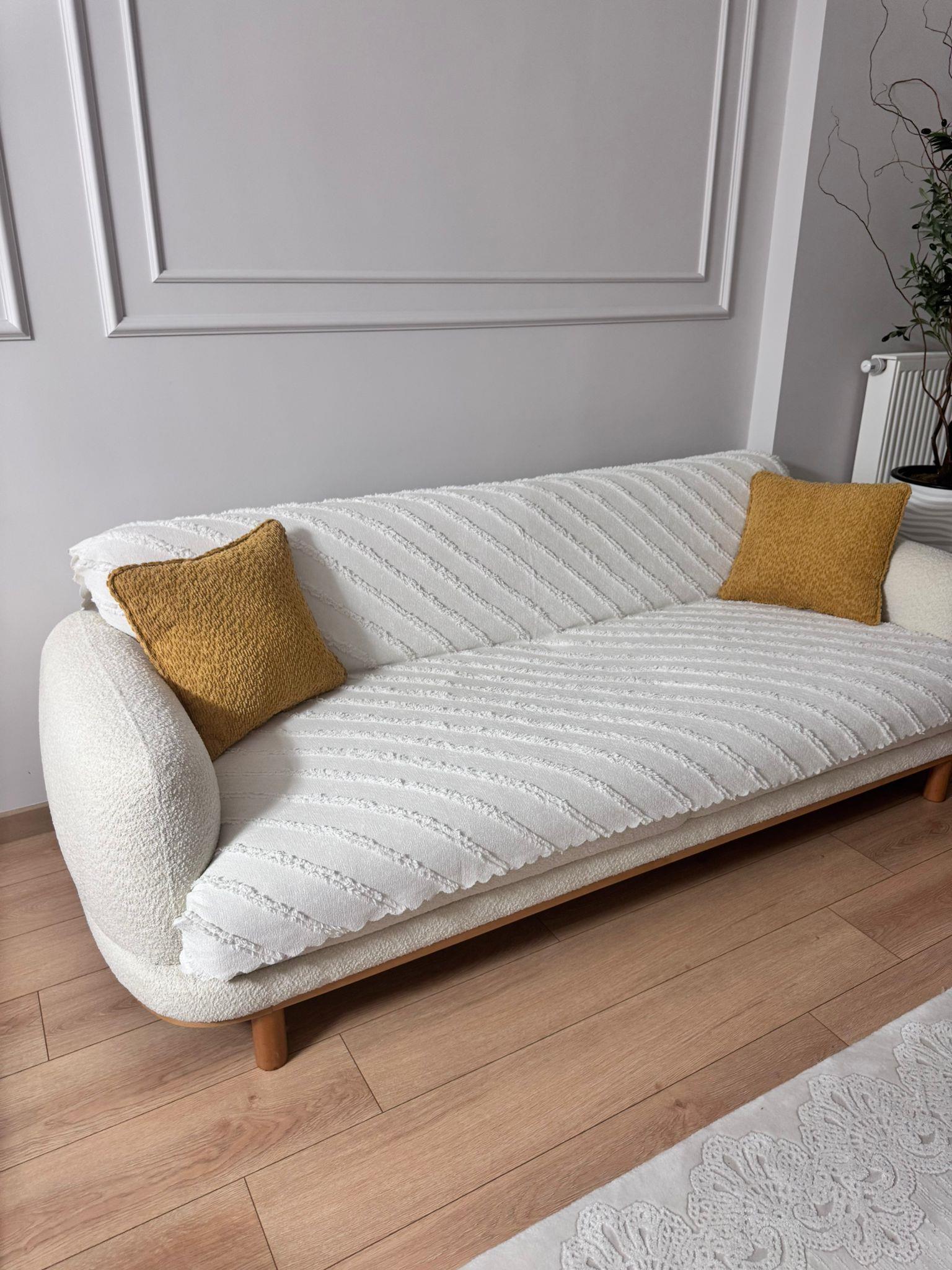 Çizgili Punch Koltuk Örtüsü - Krem