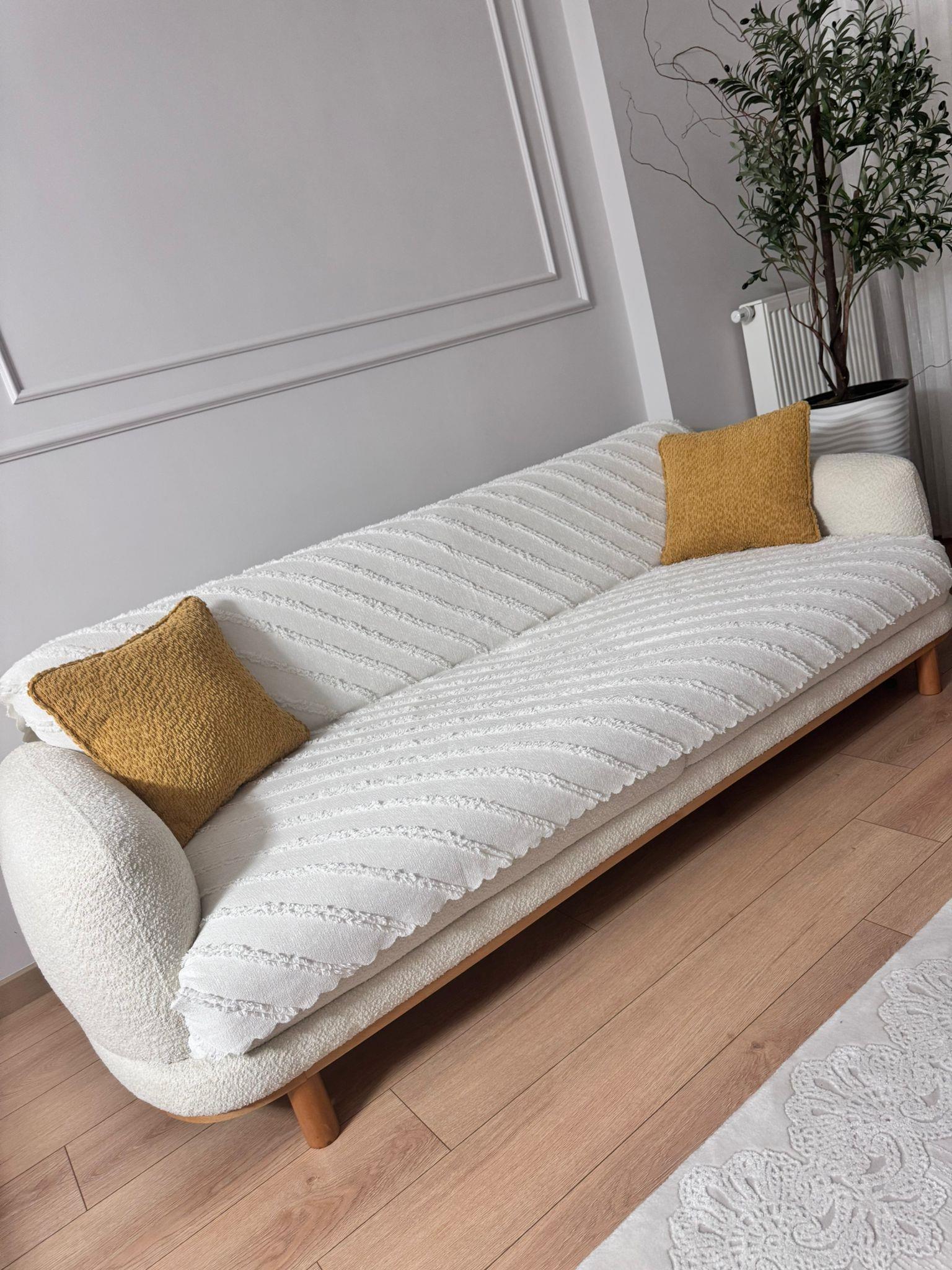 Çizgili Punch Koltuk Örtüsü - Krem