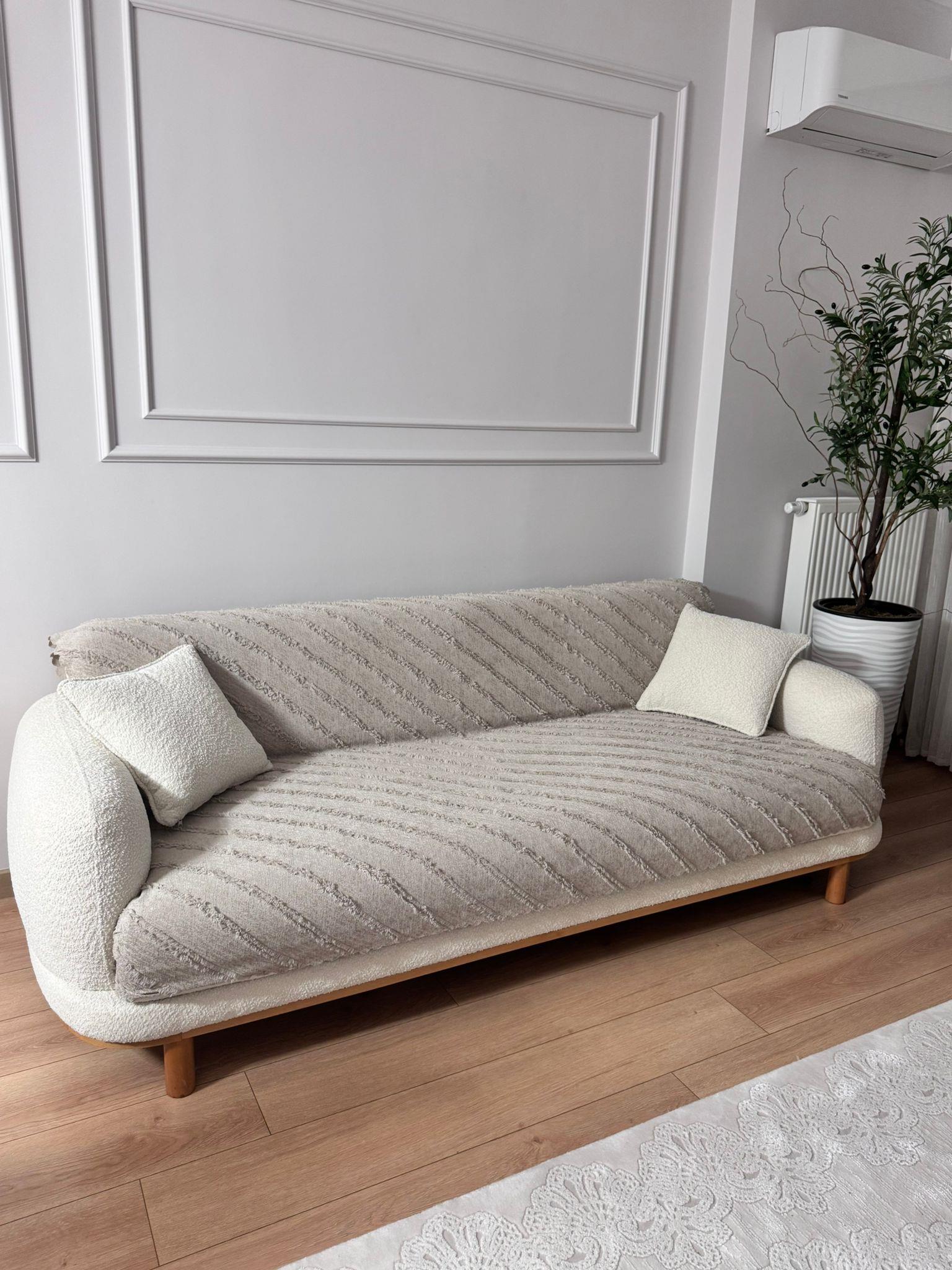 Çizgili Punch Koltuk Örtüsü - Taş