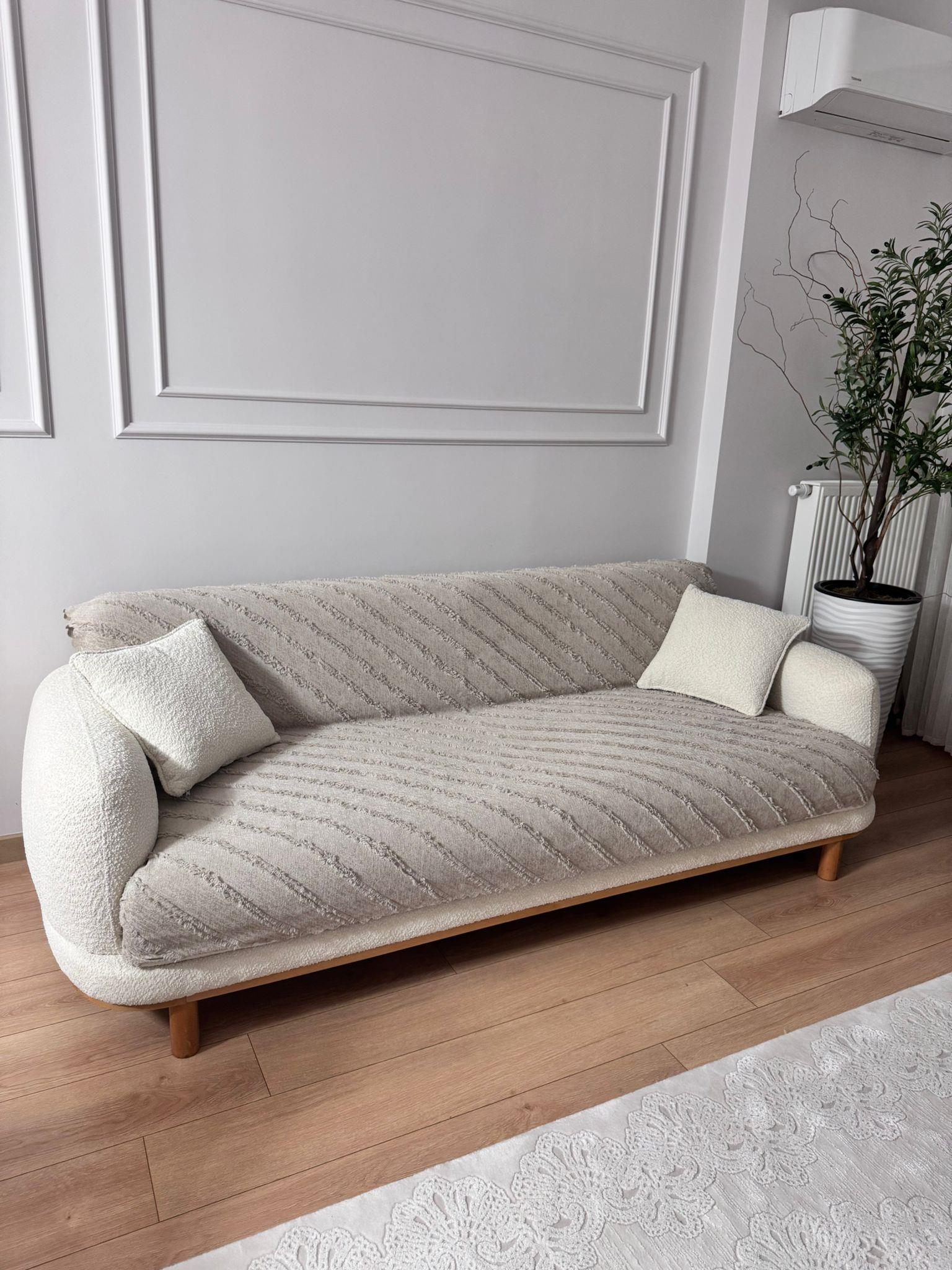 Çizgili Punch Koltuk Örtüsü - Taş