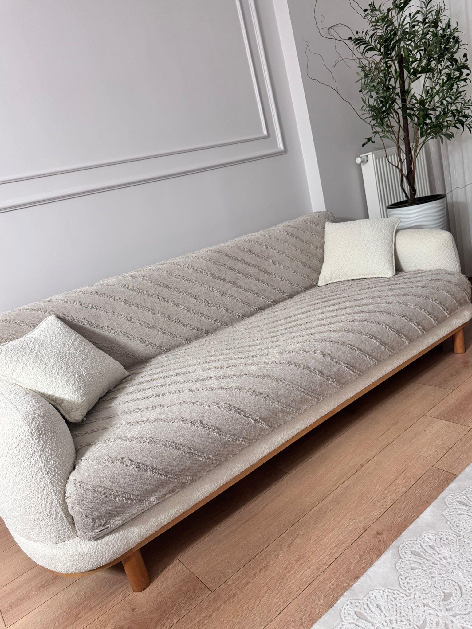 Çizgili Punch Koltuk Örtüsü - Taş