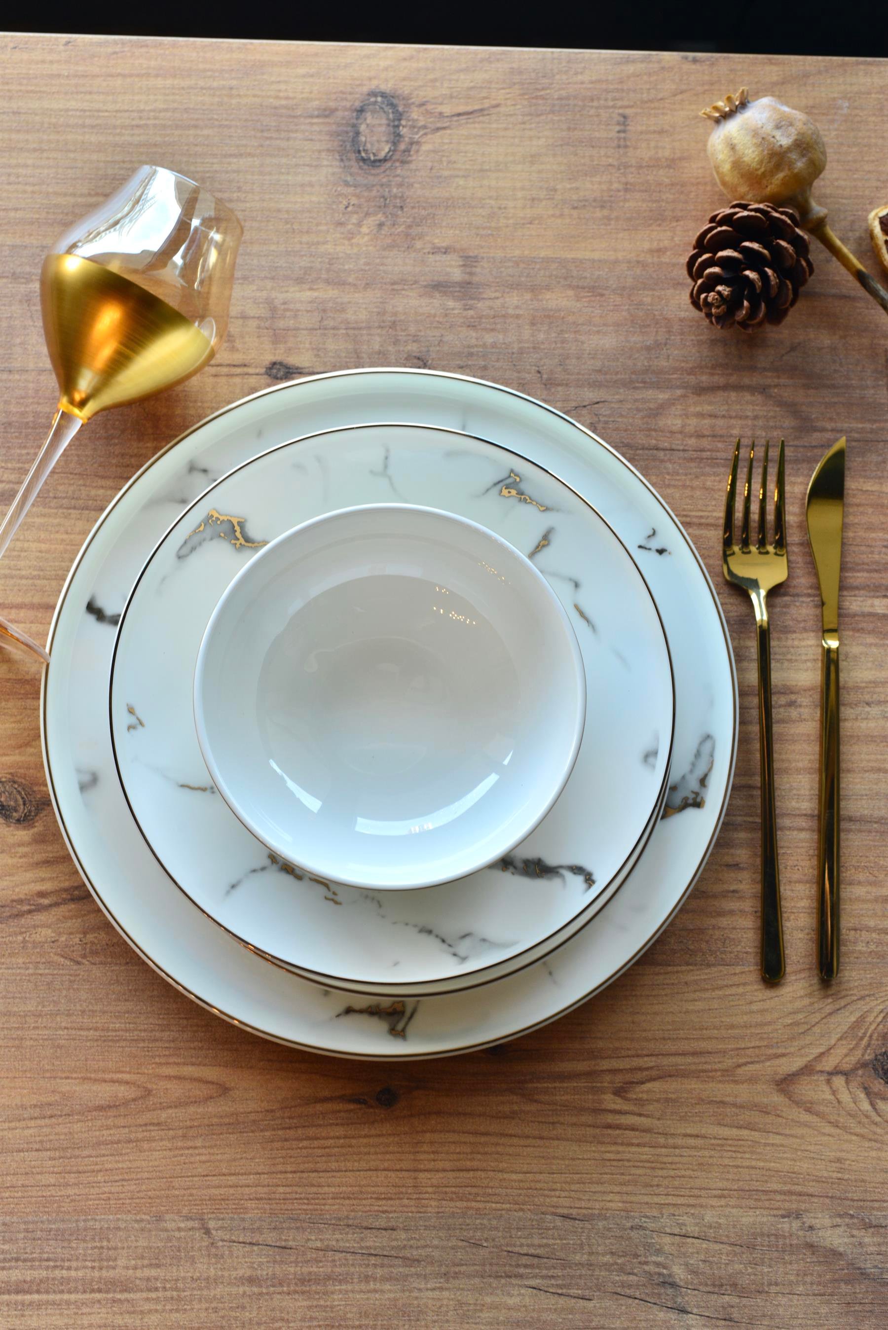 Marble Gold 24 Parça Porselen 6 Kişilik Yemek Takımı