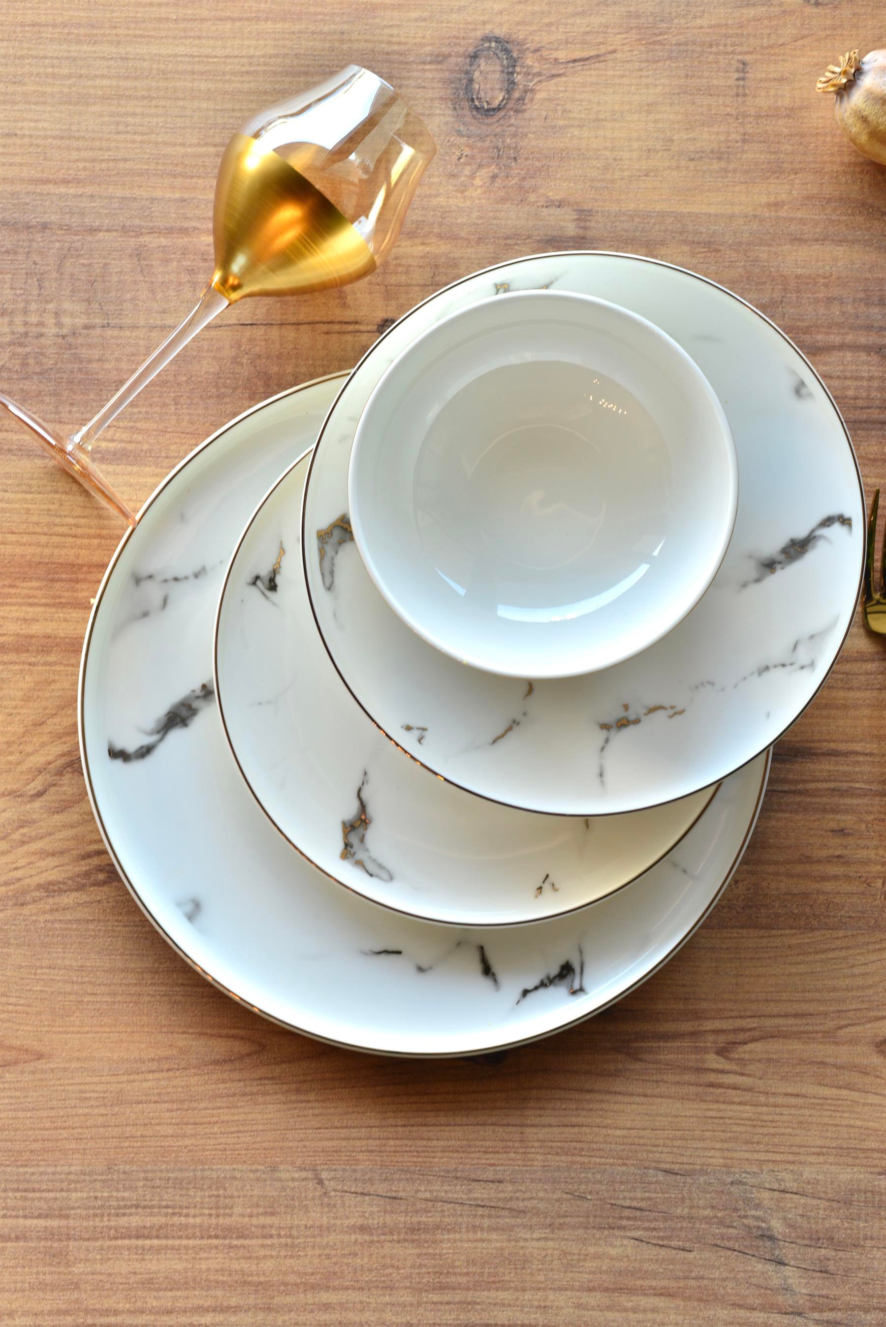 Marble Gold 24 Parça Porselen 6 Kişilik Yemek Takımı