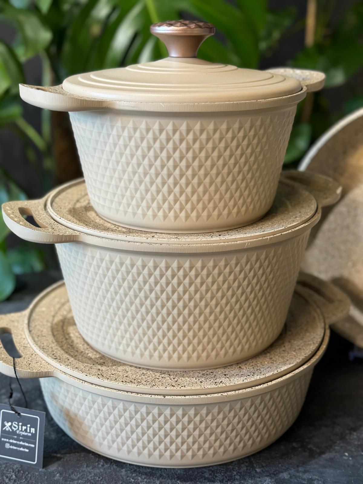 Oms Triana Krem 7 Parça Döküm Biogranit Tencere Seti