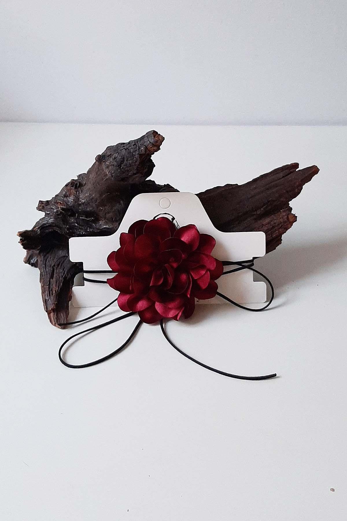 Çiçek Choker Kolye Hakiki Deri Bağcıklı Gül Kolye