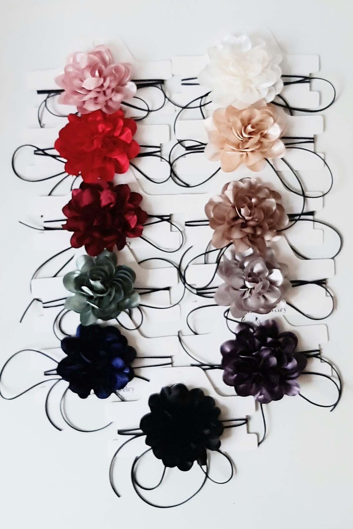 Çiçek Choker Kolye Hakiki Deri Bağcıklı Gül Kolye