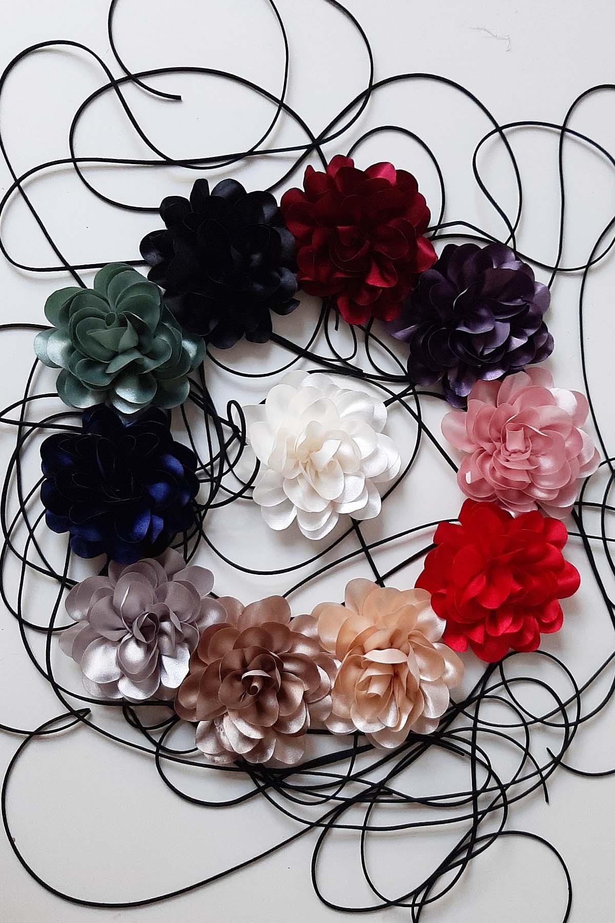 Çiçek Choker Kolye Hakiki Deri Bağcıklı Gül Kolye
