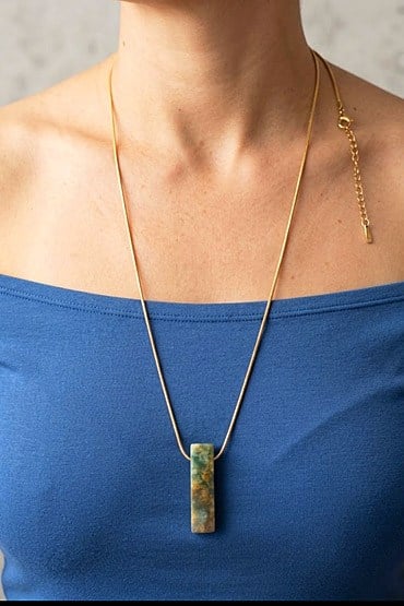 Doğal Yosunlu Akik Taşlı Çelik Kolye - Minimalist Uzun Zincir Kadın Takı