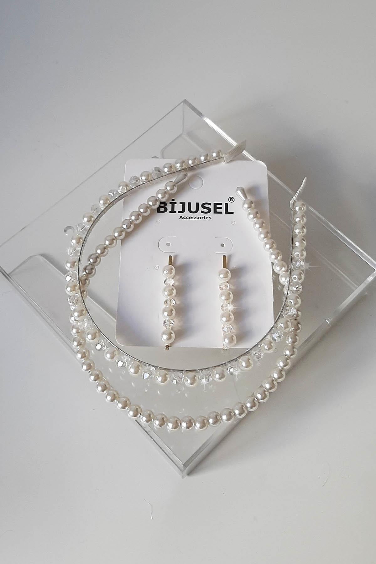 İnci Taç Toka Seti Beyaz Kristalli Taç Işıltılı Minimalist 