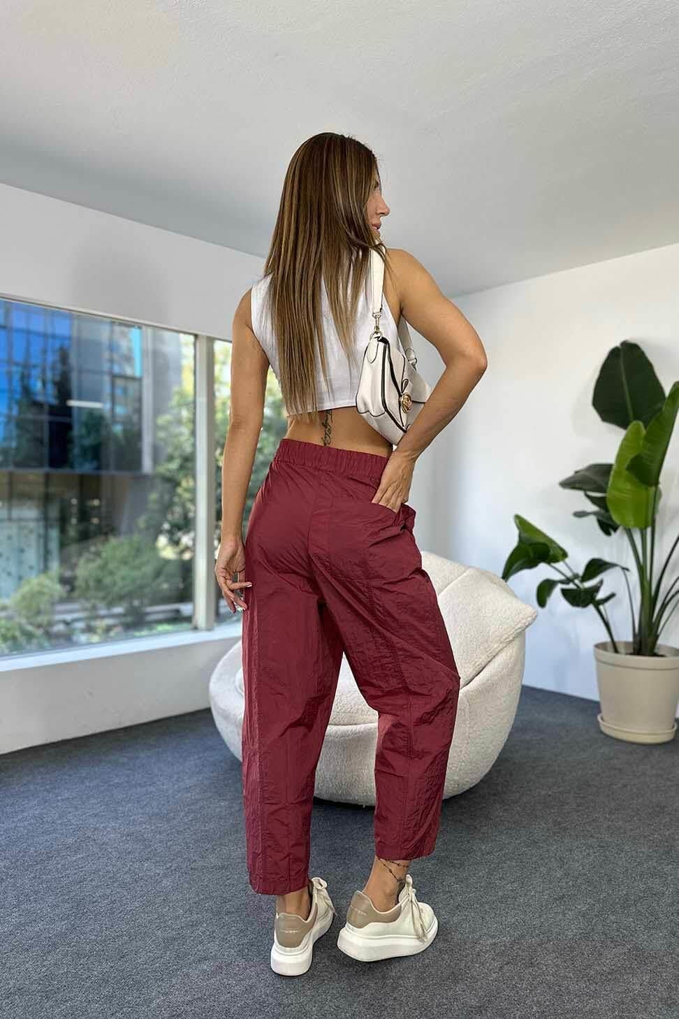 1. Sınıf Kalite Paraşüt Kumaş Yüksek Bel Şalvar Pantolon Bordo