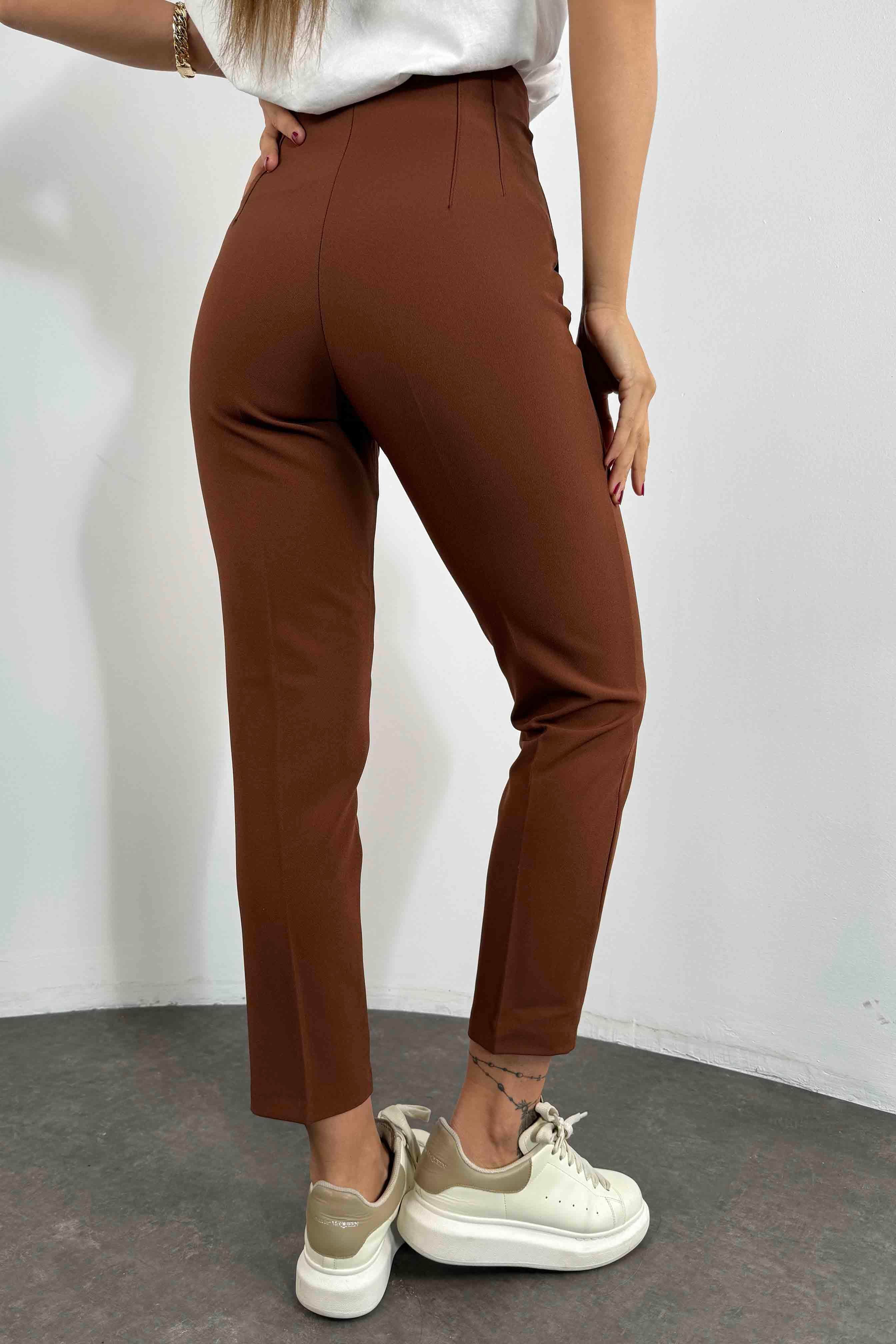 1. Sınıf Orjinal Marka Ultra Yüksek Bel Pensli Kumaş Pantolon Bitter Kahve