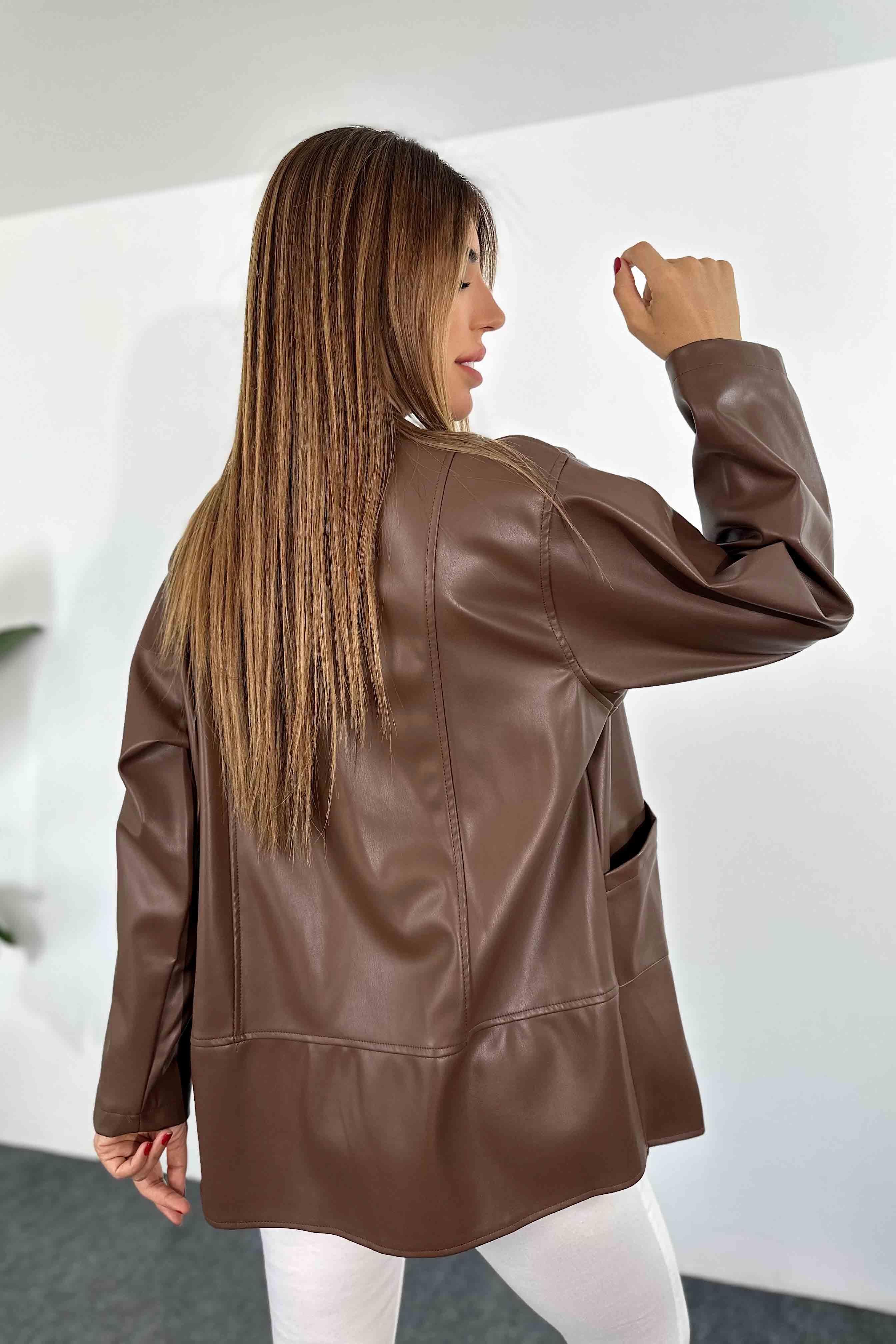 1. Sınıf Kalite Suni Deri Çapraz Cep Detay Uzun Ceket Taba