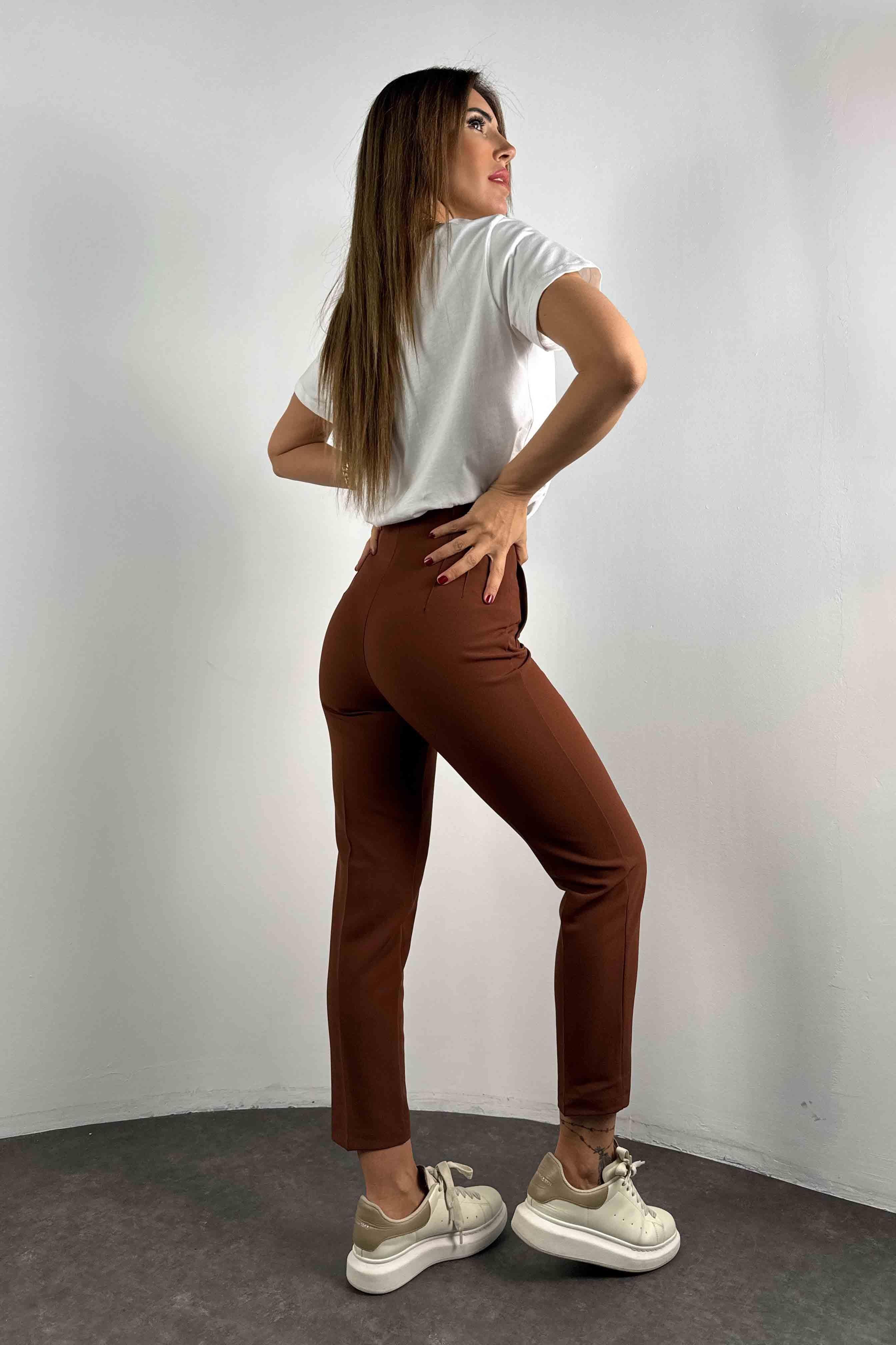 1. Sınıf Orjinal Marka Ultra Yüksek Bel Pensli Kumaş Pantolon Bitter Kahve