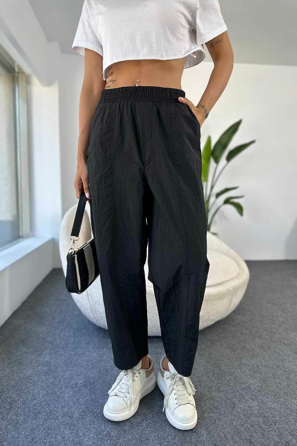 1. Sınıf Kalite Paraşüt Kumaş Yüksek Bel Şalvar Pantolon Siyah