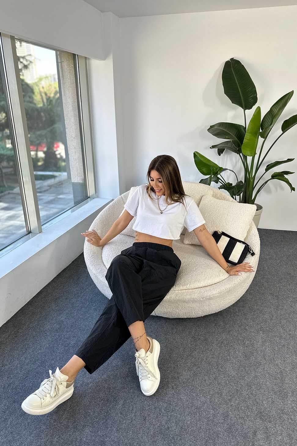 1. Sınıf Kalite Paraşüt Kumaş Yüksek Bel Şalvar Pantolon Siyah