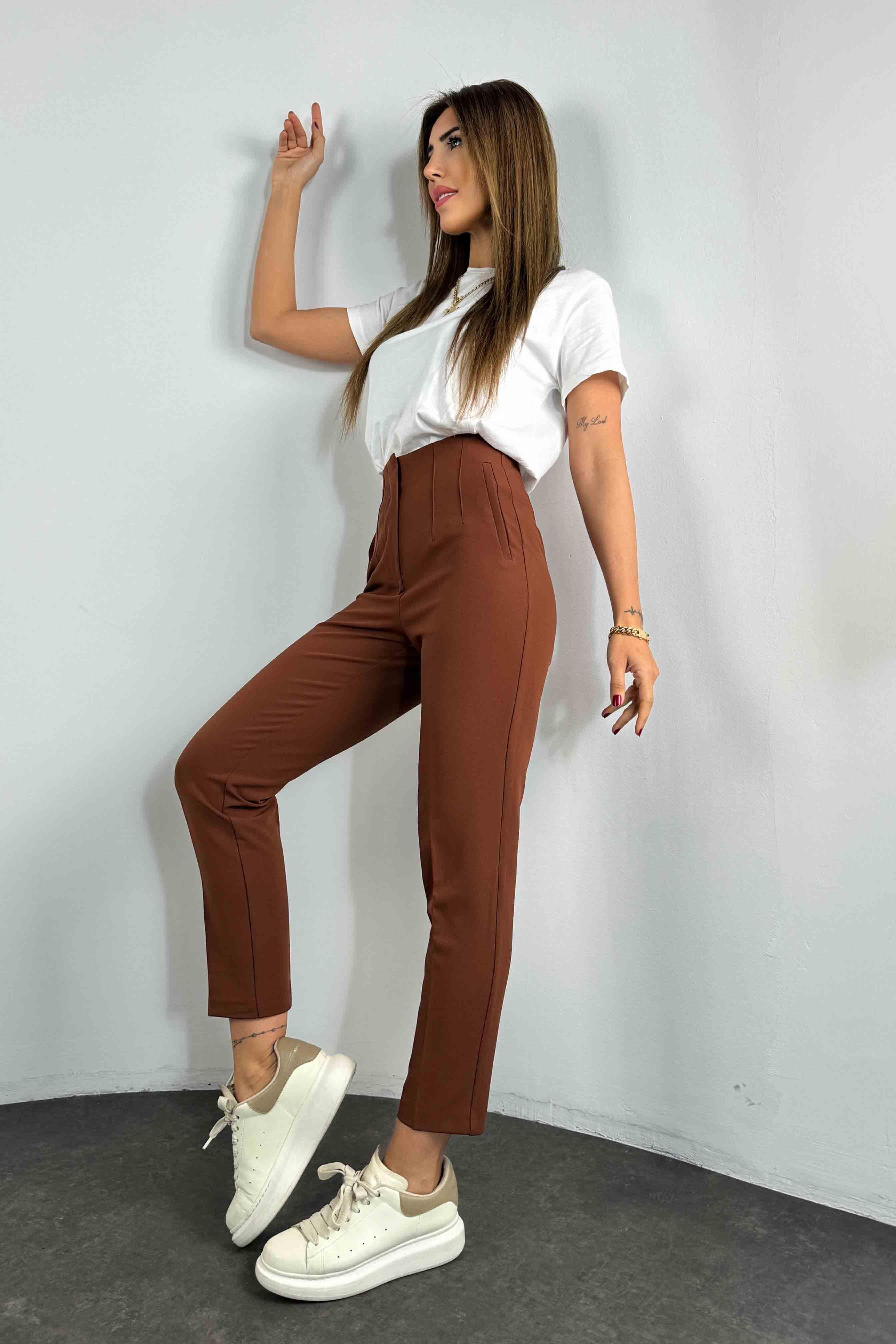 1. Sınıf Orjinal Marka Ultra Yüksek Bel Pensli Kumaş Pantolon Bitter Kahve