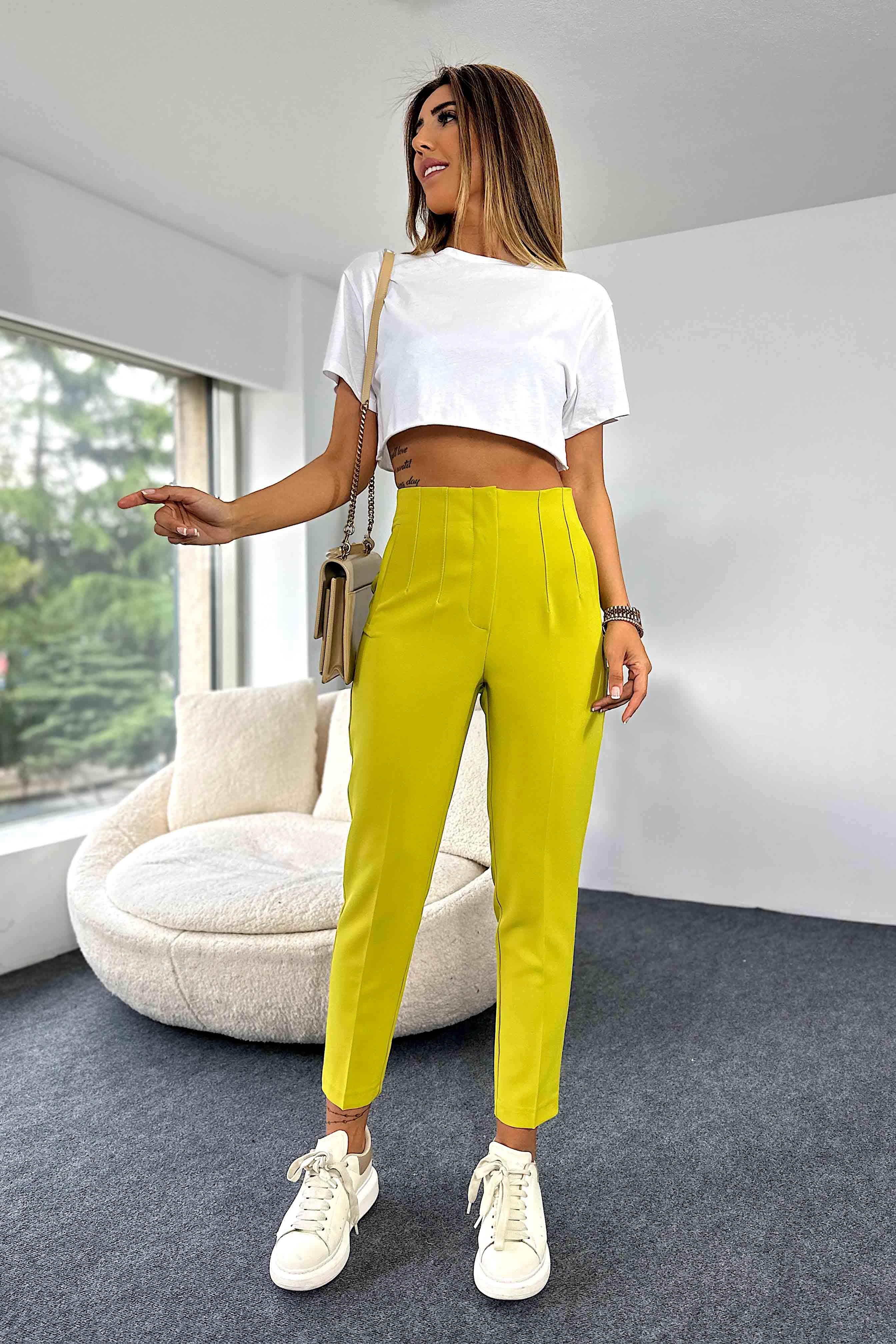 1. Sınıf Orjinal Marka Ultra Yüksek Bel Pensli Kumaş Pantolon Limon Küfü