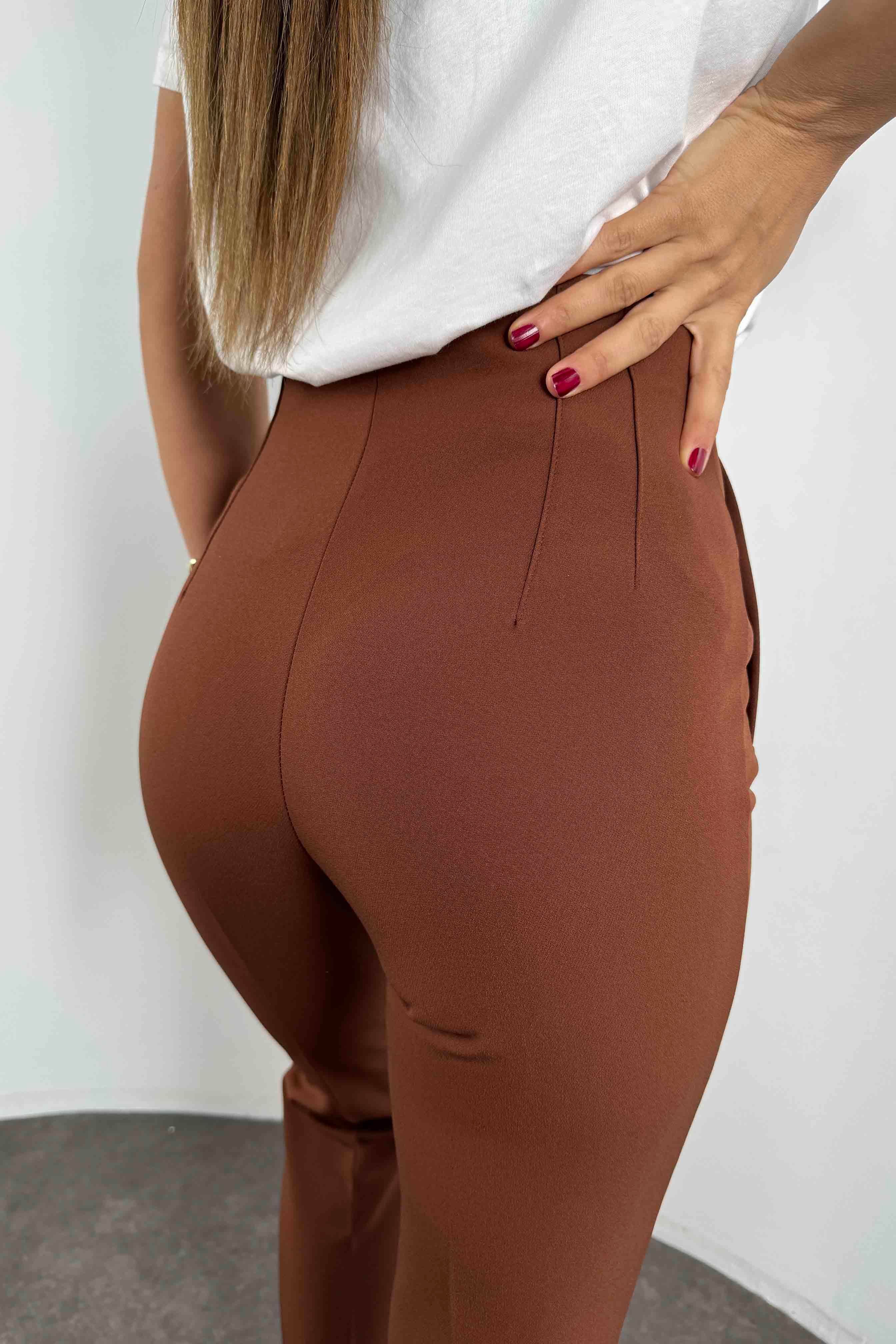 1. Sınıf Orjinal Marka Ultra Yüksek Bel Pensli Kumaş Pantolon Bitter Kahve