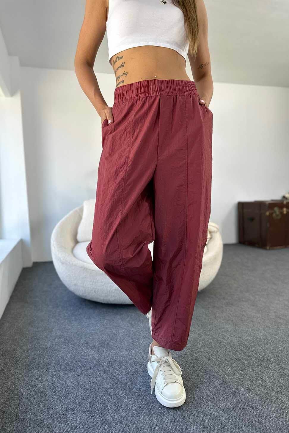 1. Sınıf Kalite Paraşüt Kumaş Yüksek Bel Şalvar Pantolon Bordo