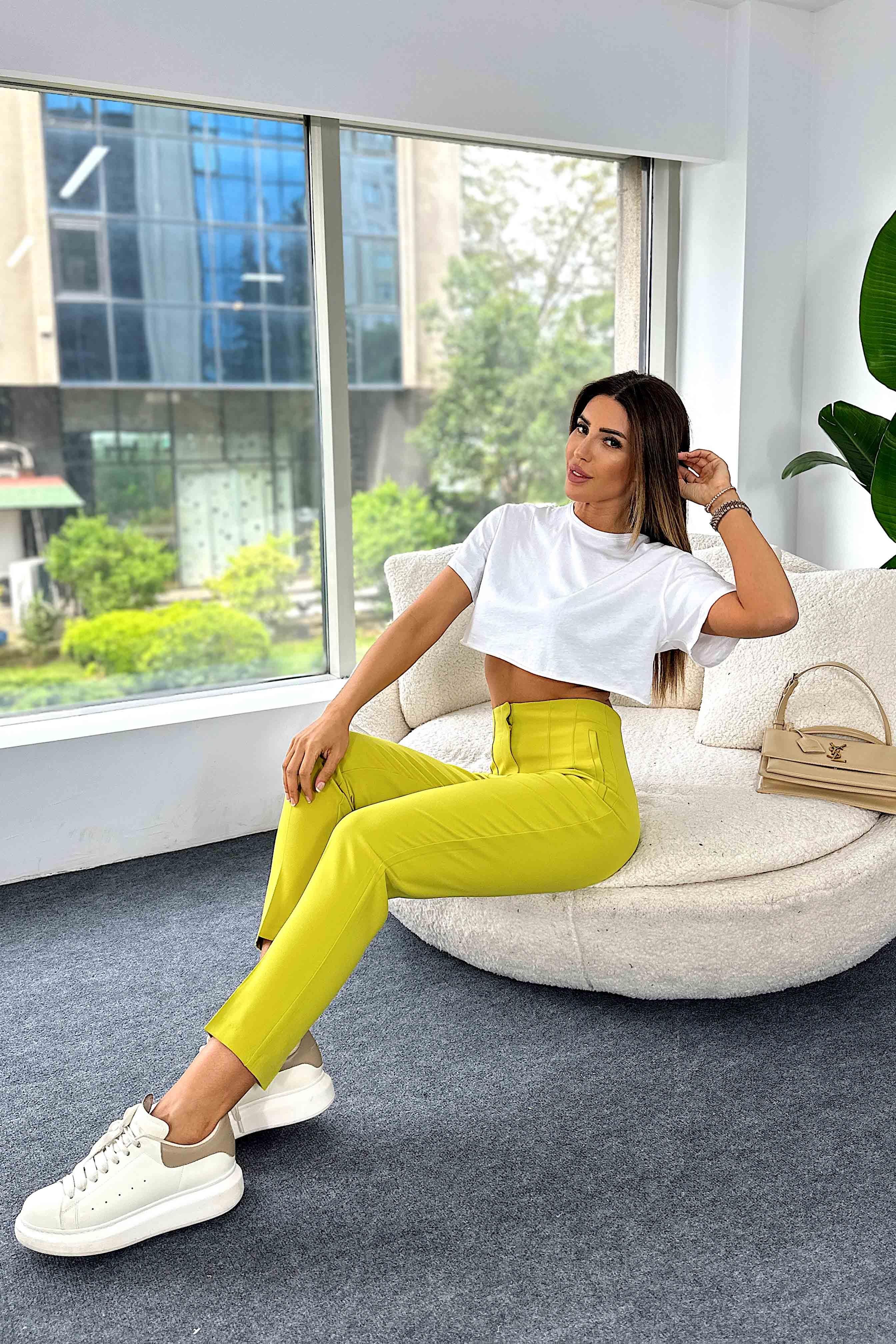 1. Sınıf Orjinal Marka Ultra Yüksek Bel Pensli Kumaş Pantolon Limon Küfü