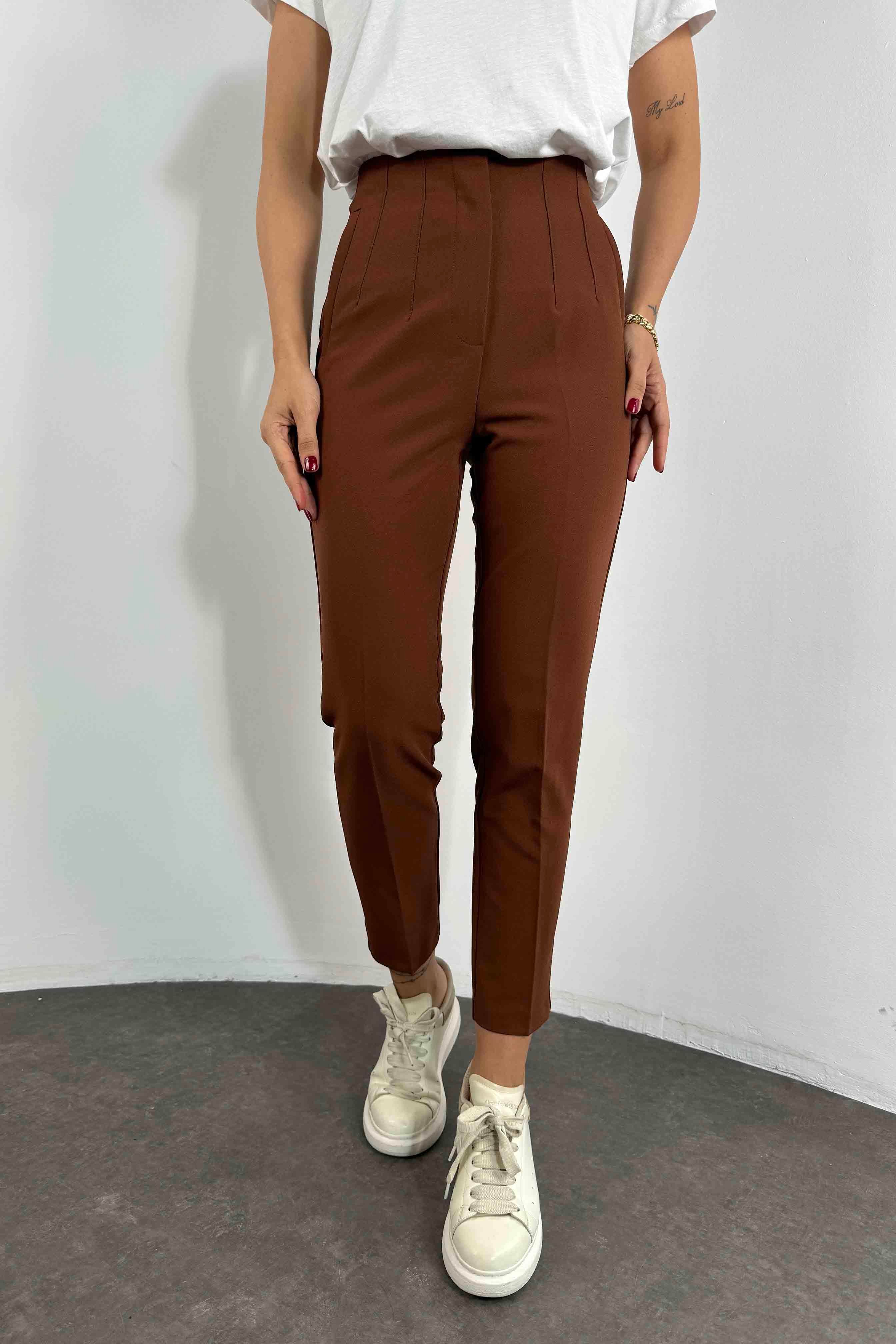 1. Sınıf Orjinal Marka Ultra Yüksek Bel Pensli Kumaş Pantolon Bitter Kahve