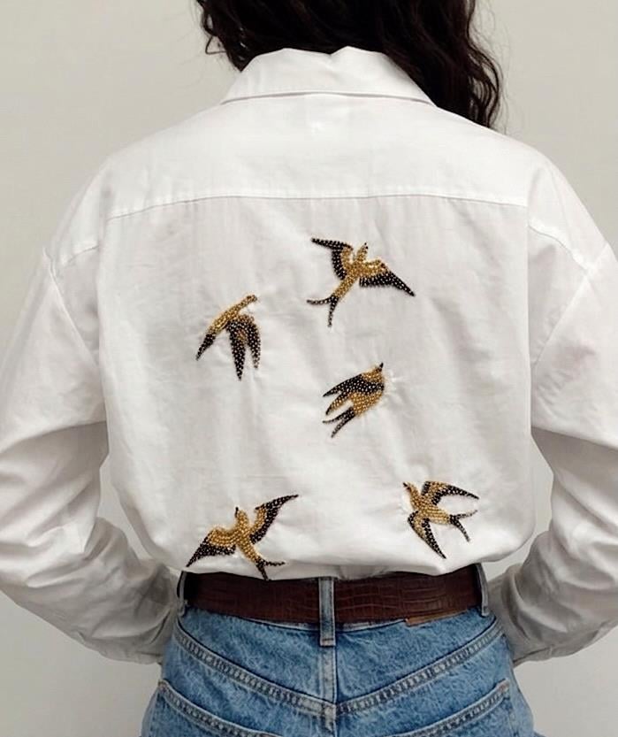 %100 Cotton Ön Arka Kuş İşlemeli Beyaz Poplin Gömlek