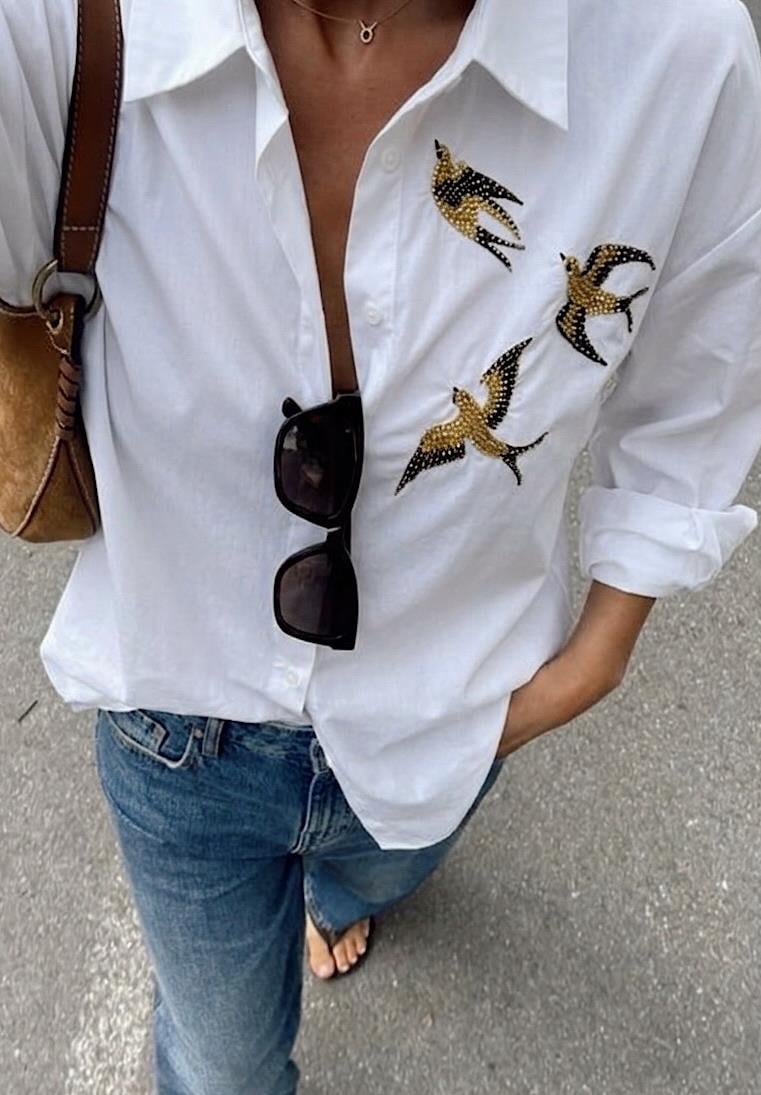%100 Cotton Ön Arka Kuş İşlemeli Beyaz Poplin Gömlek