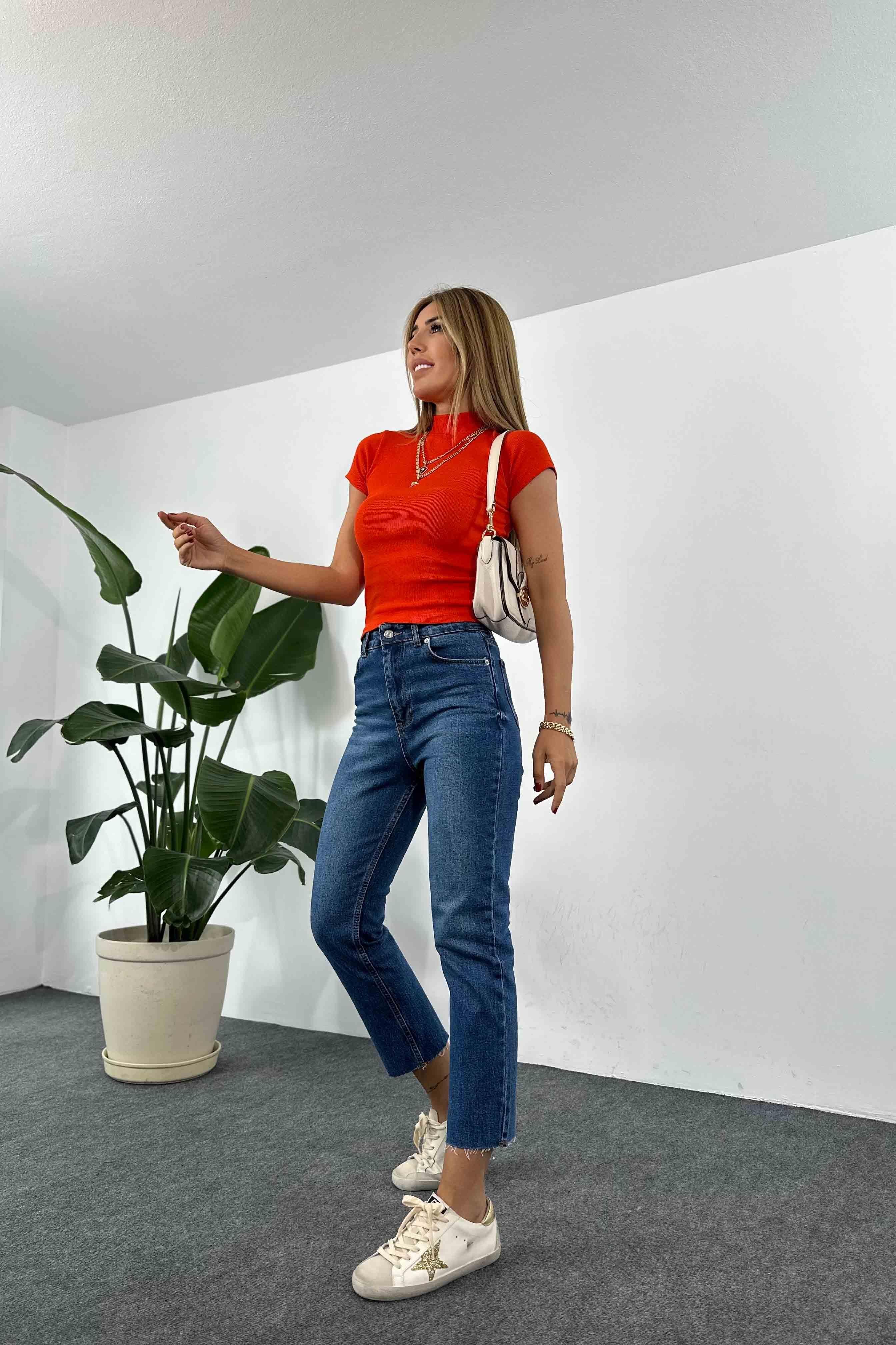 %100 Pamuk İnce Fitilli Body Bluz Turuncu