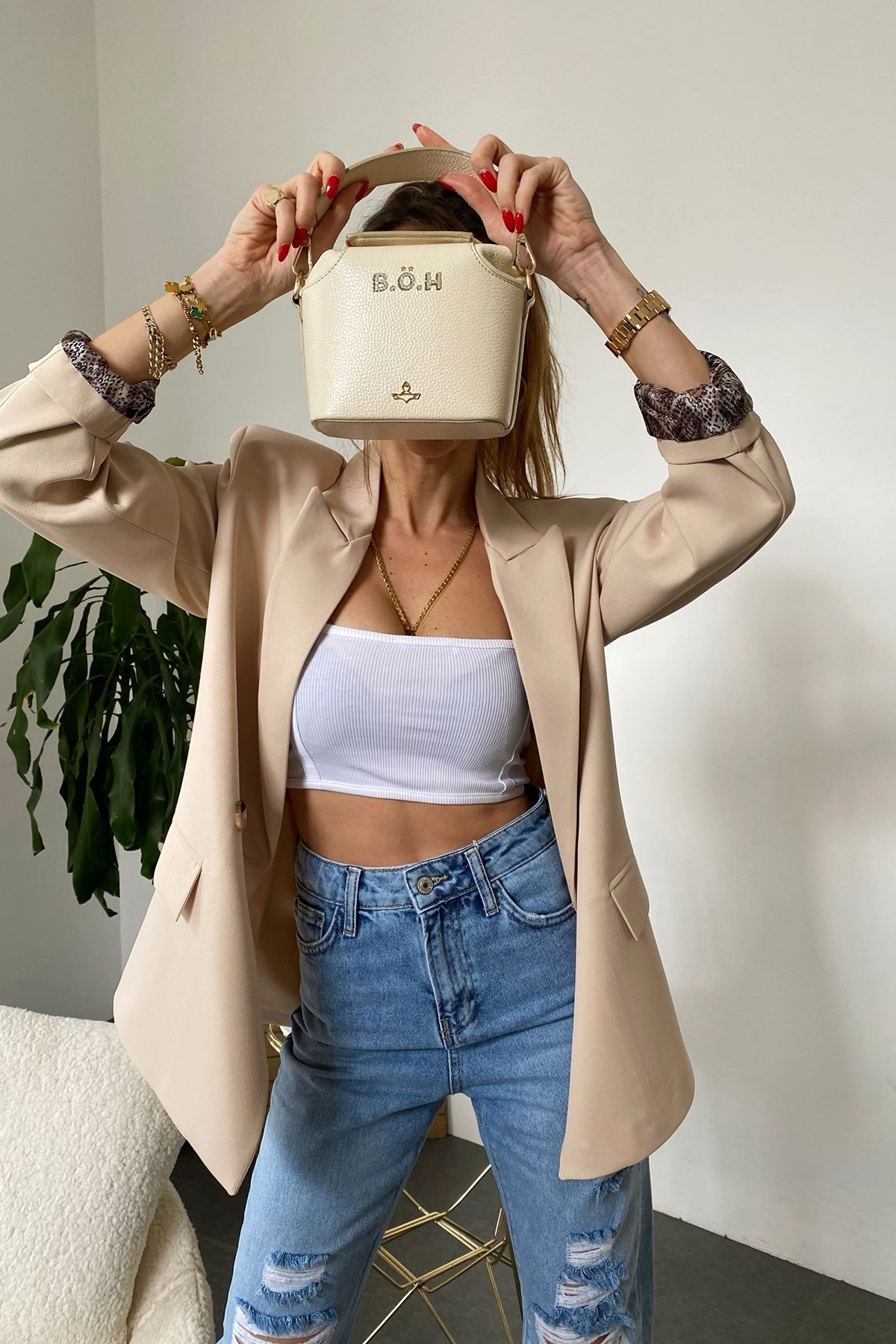 Açık Camel İçi Yılan Desen Saten Astarlı Tasarım Blazer Ceket