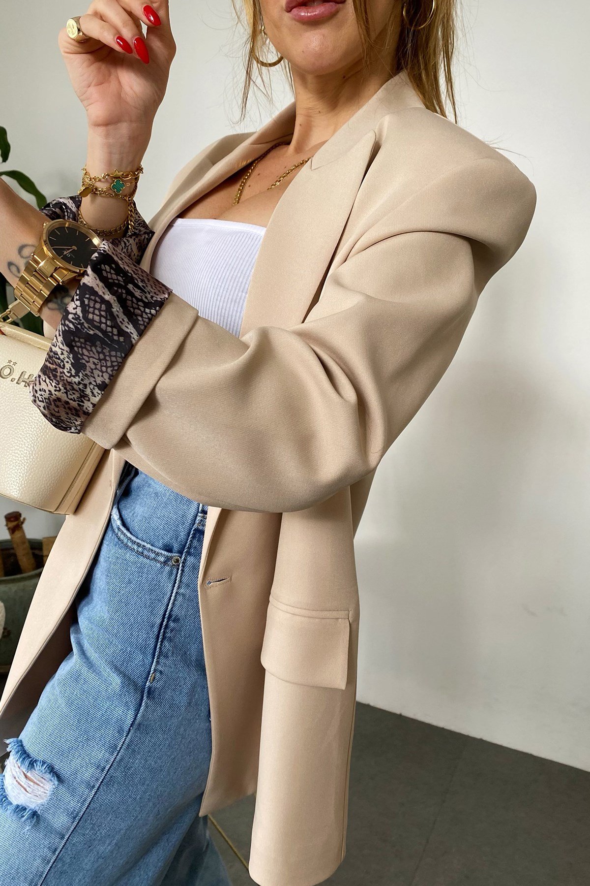 Açık Camel İçi Yılan Desen Saten Astarlı Tasarım Blazer Ceket