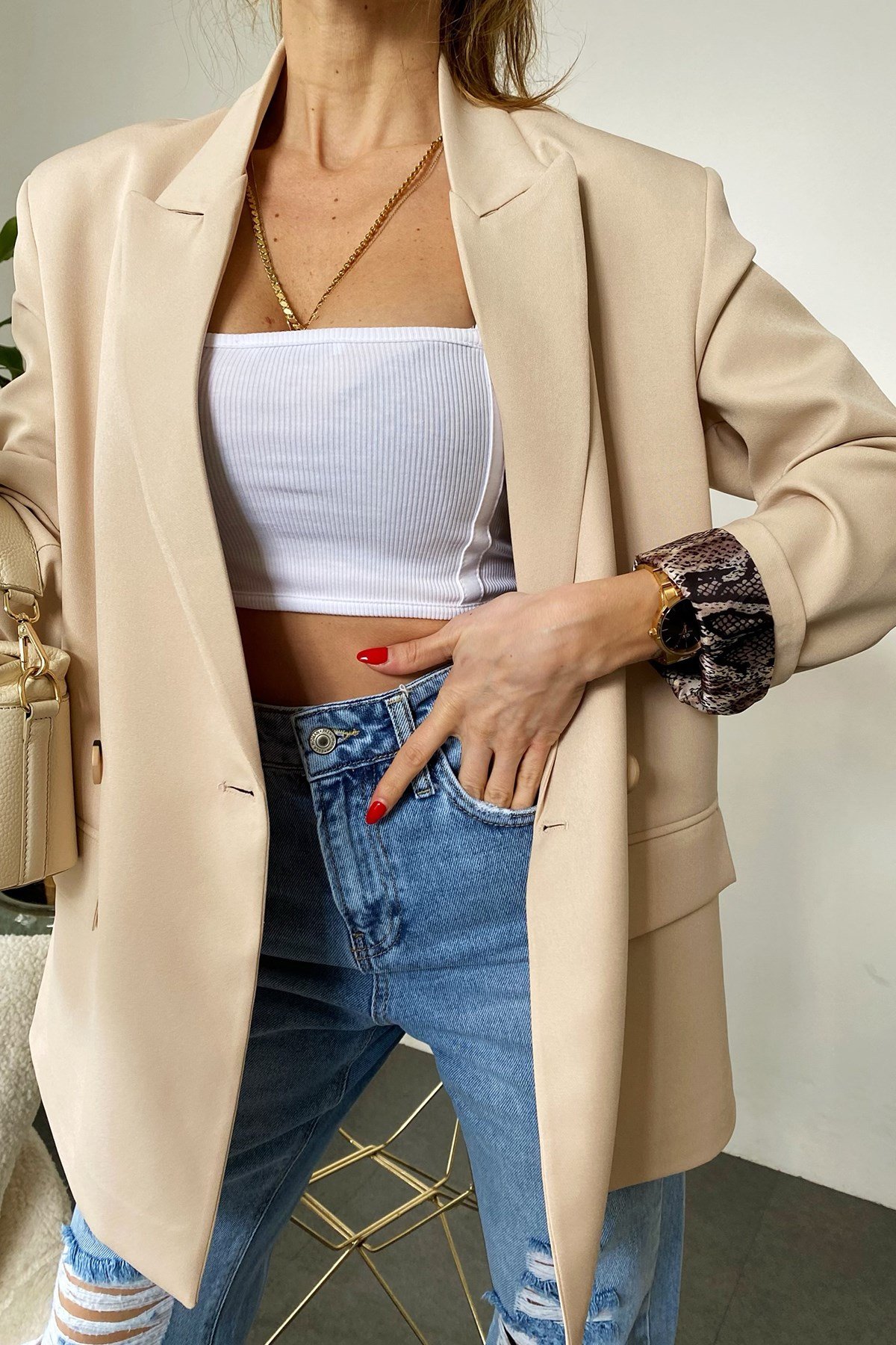 Açık Camel İçi Yılan Desen Saten Astarlı Tasarım Blazer Ceket