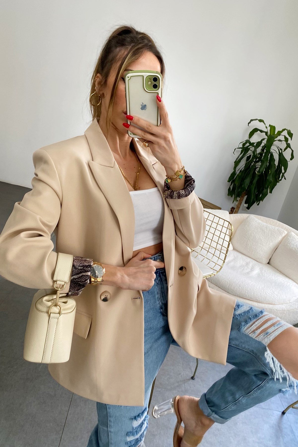 Açık Camel İçi Yılan Desen Saten Astarlı Tasarım Blazer Ceket