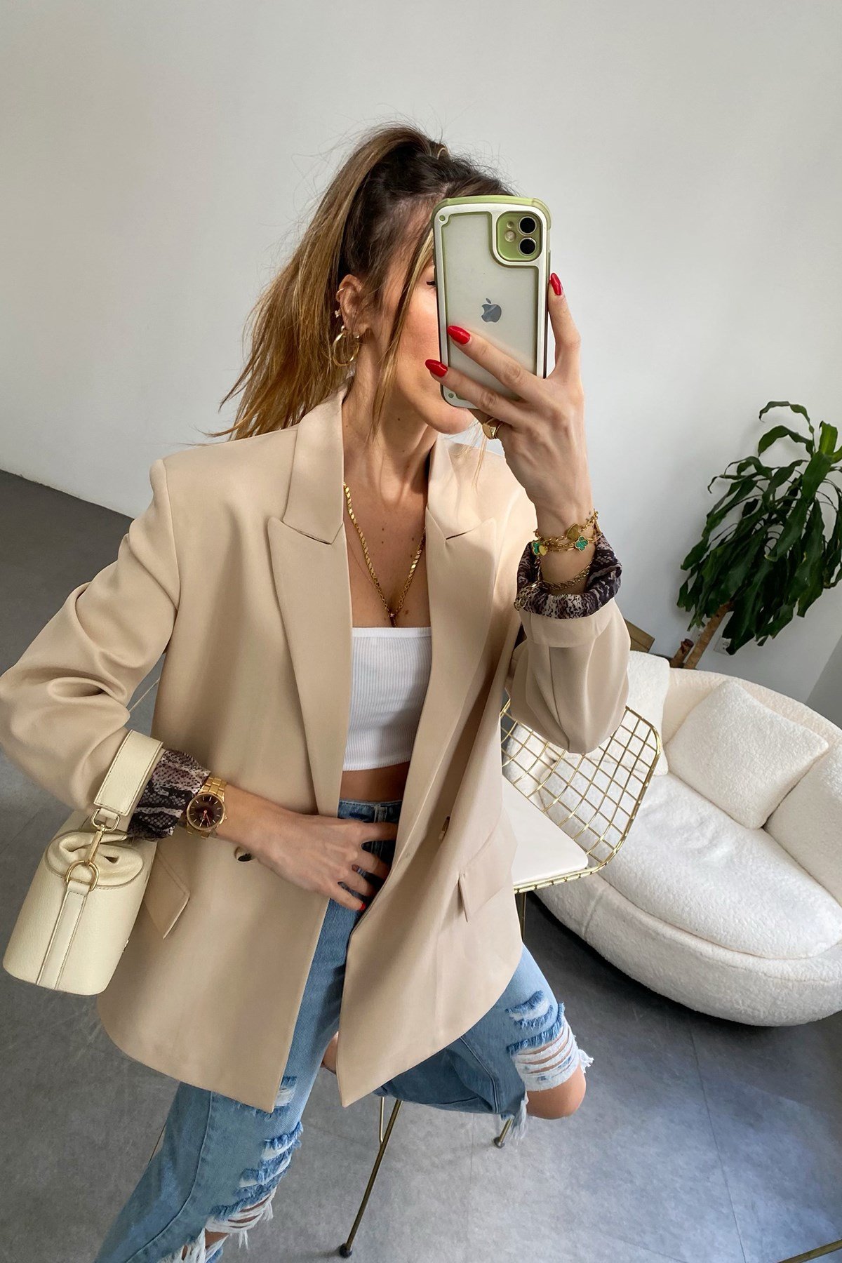 Açık Camel İçi Yılan Desen Saten Astarlı Tasarım Blazer Ceket