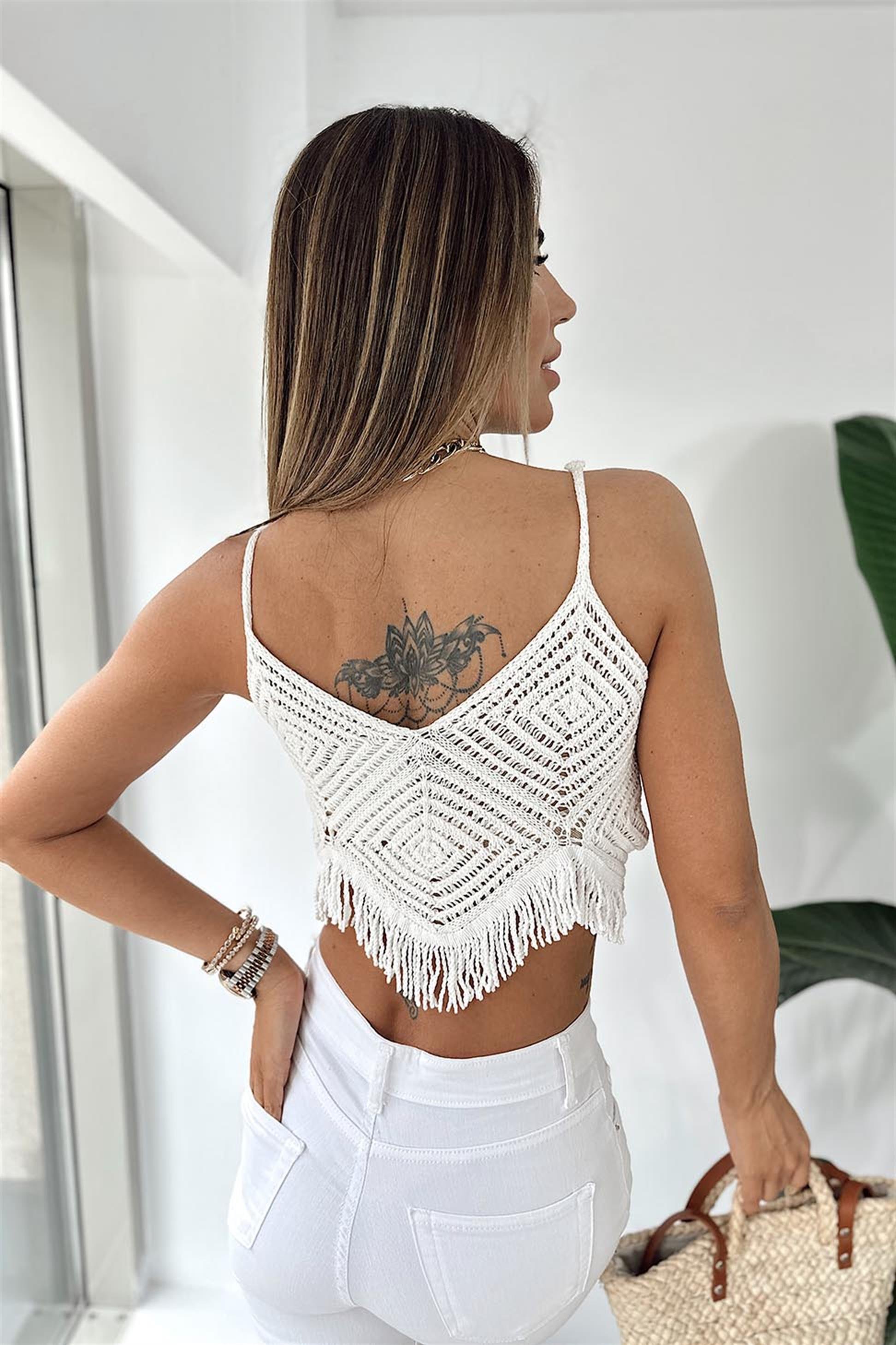 Ajurlu Askılı Triko Atlet Ekru