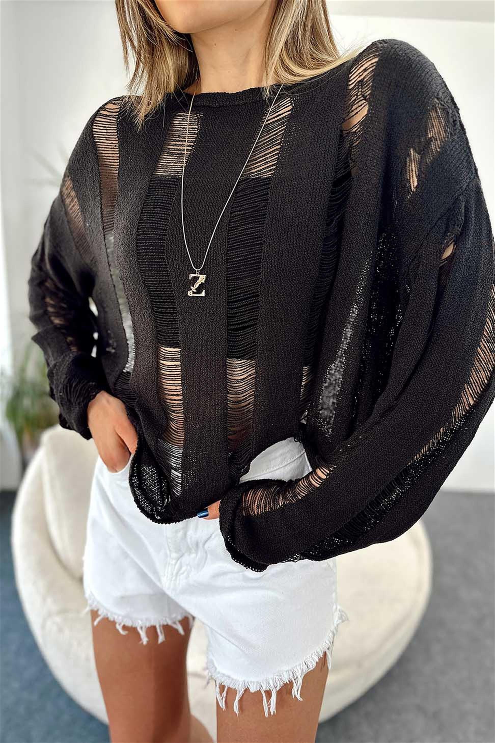 Ajurlu Örme Oversize Kadın Kazak Siyah