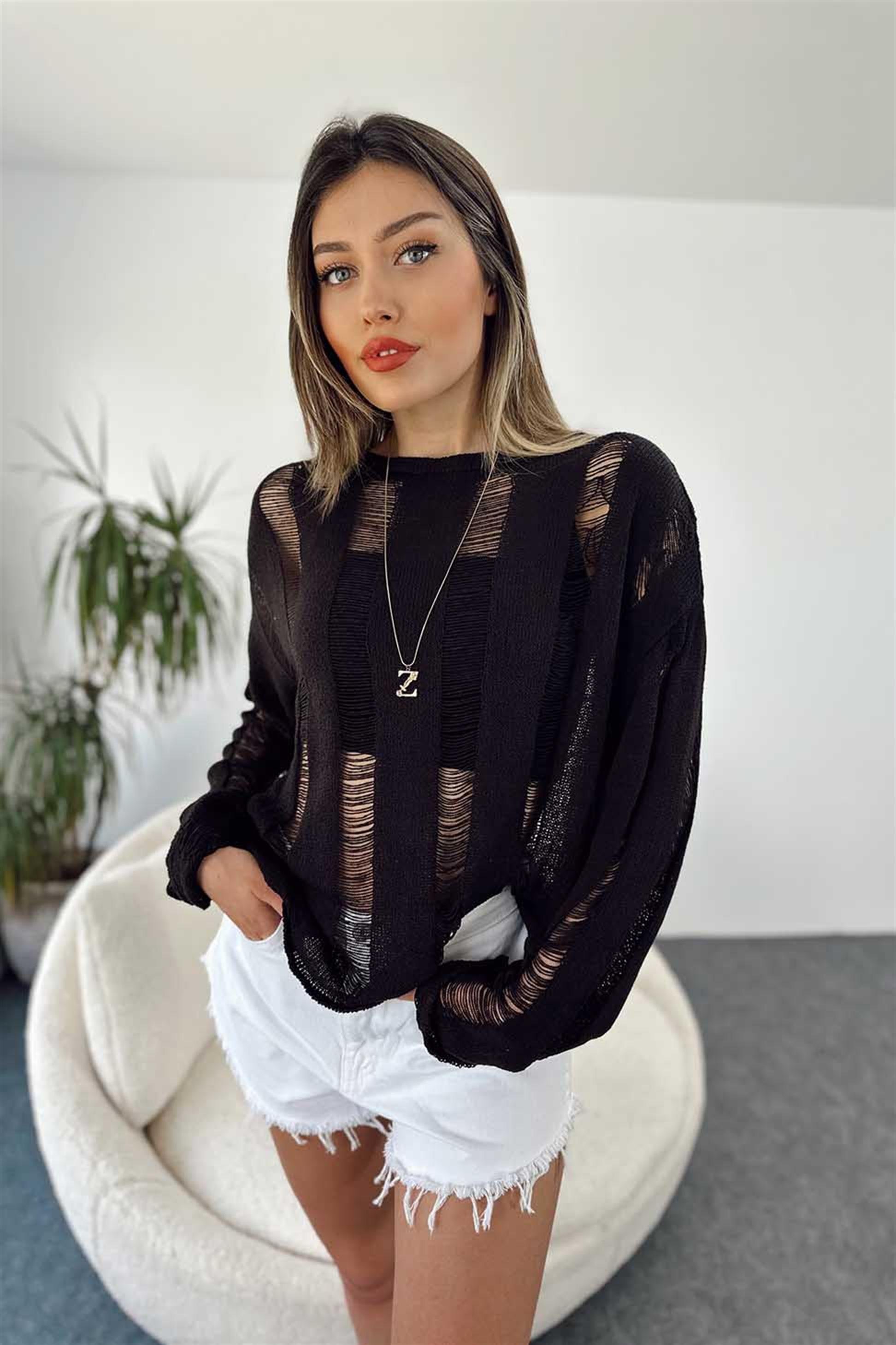 Ajurlu Örme Oversize Kadın Kazak Siyah