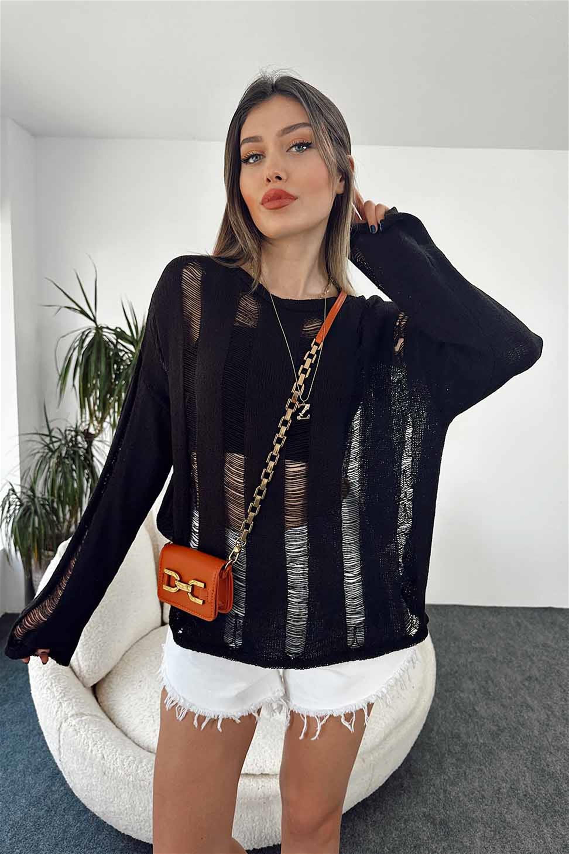 Ajurlu Örme Oversize Kadın Kazak Siyah