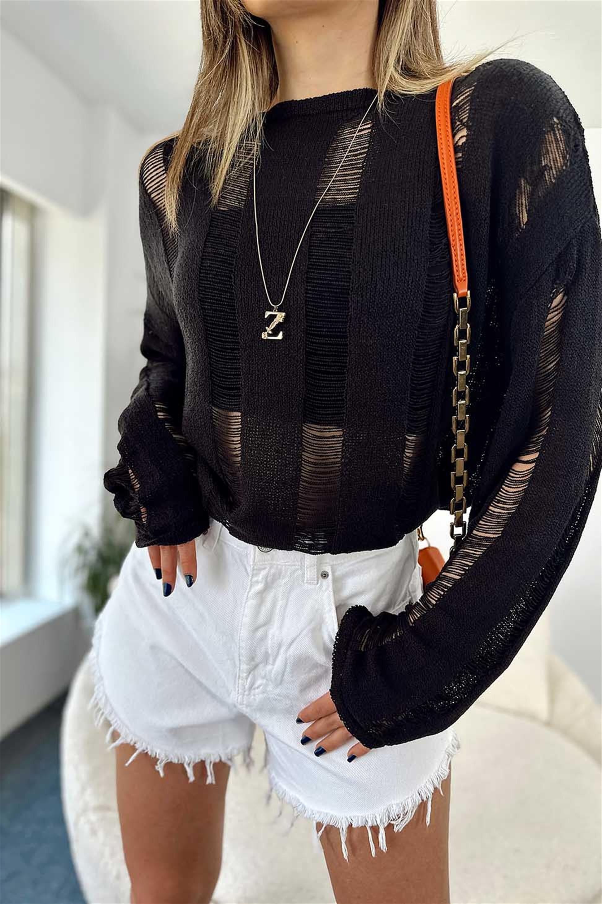 Ajurlu Örme Oversize Kadın Kazak Siyah