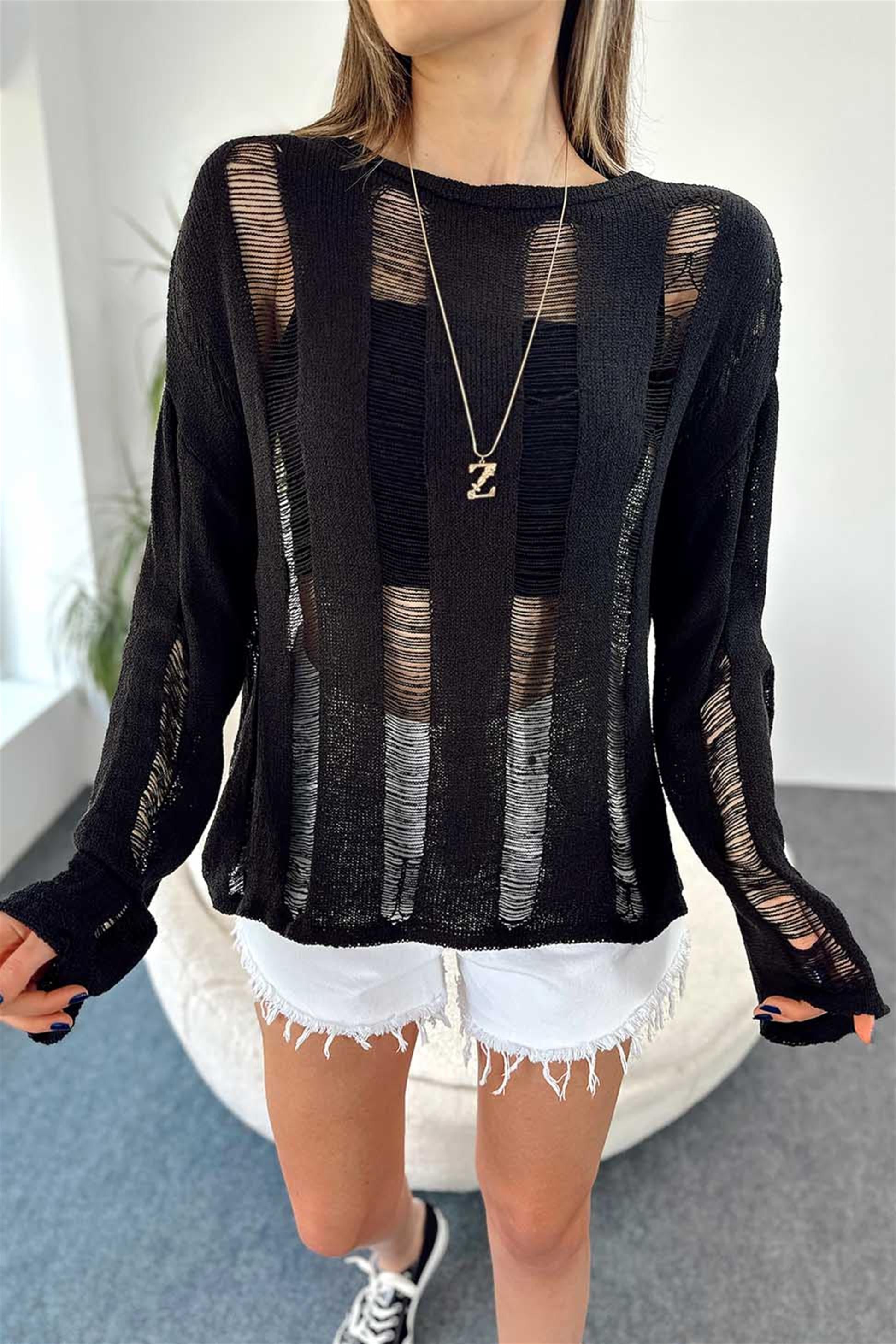 Ajurlu Örme Oversize Kadın Kazak Siyah