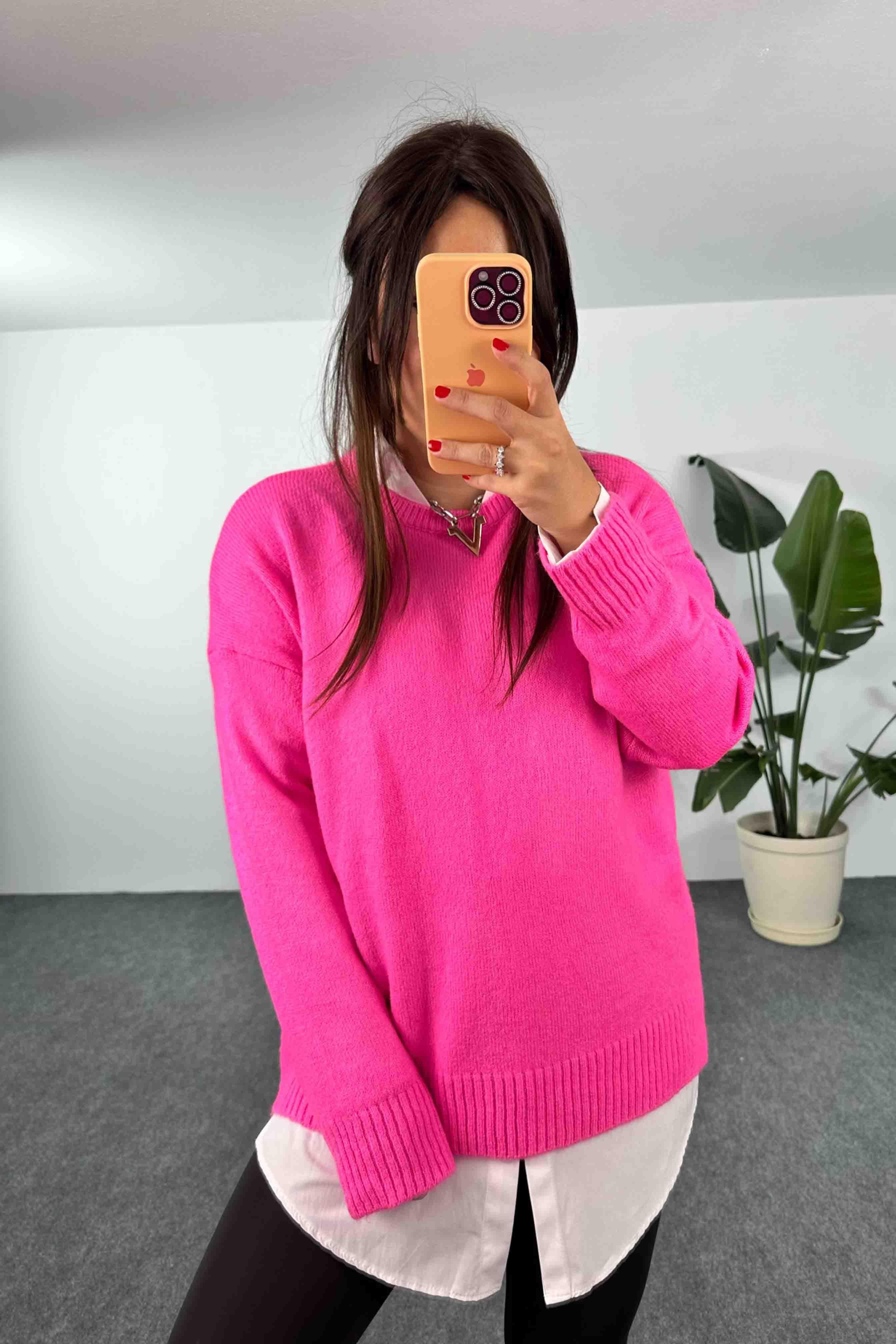 Akrilik Örme Bisiklet Yaka Oversize Kadın Kazak Pembe