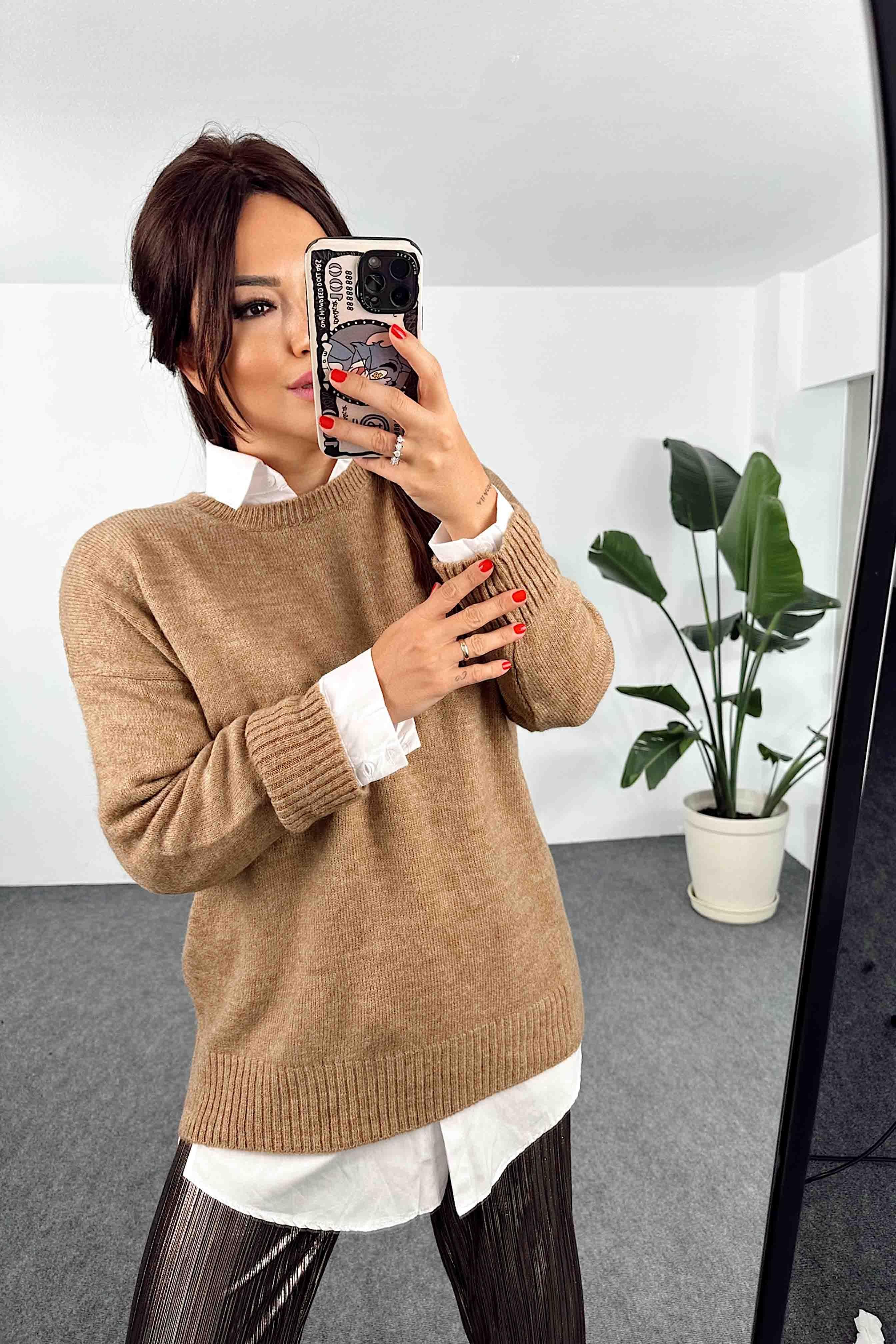 Akrilik Örme Bisiklet Yaka Oversize Kadın Kazak Camel