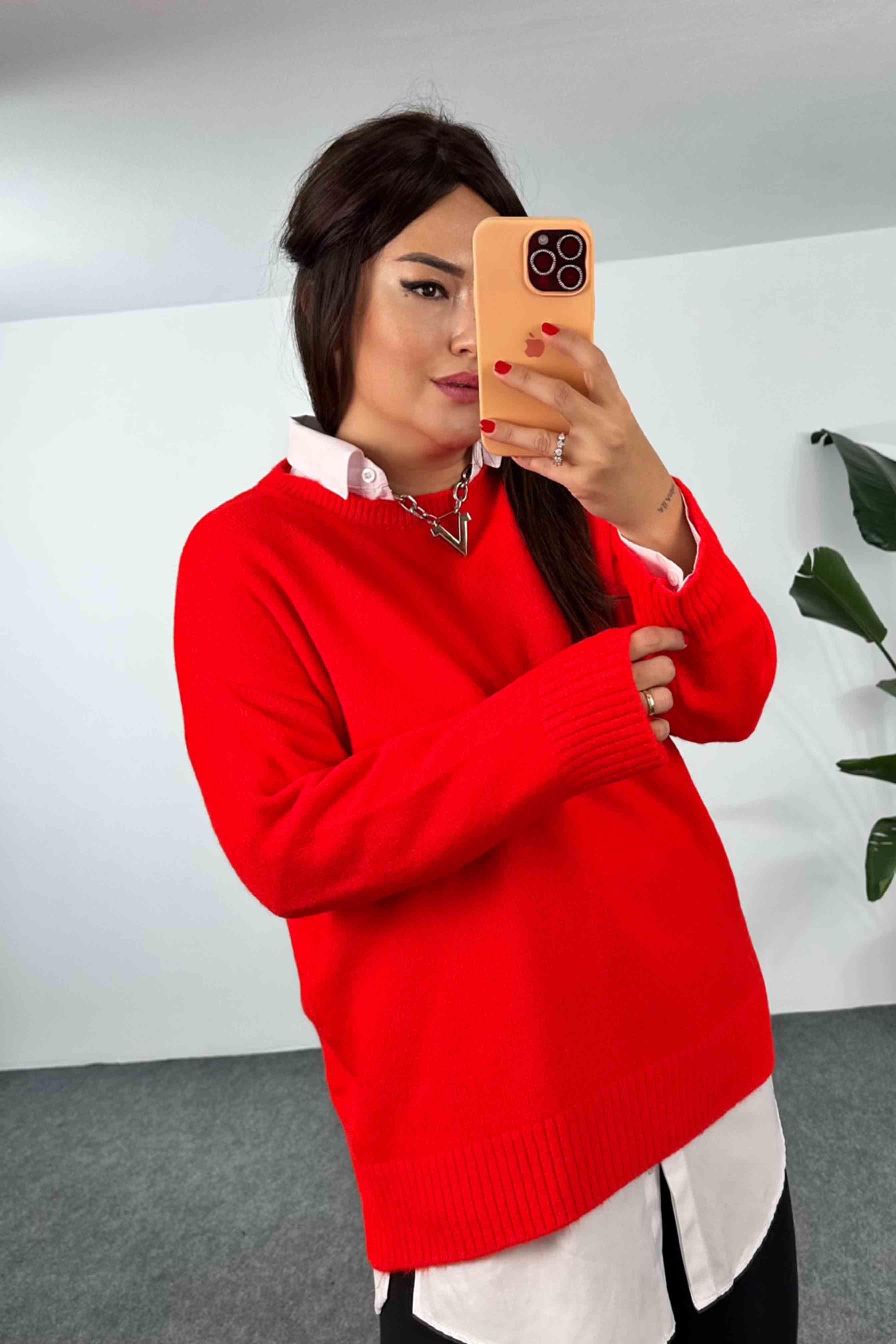 Akrilik Örme Bisiklet Yaka Oversize Kadın Kazak Kırmızı